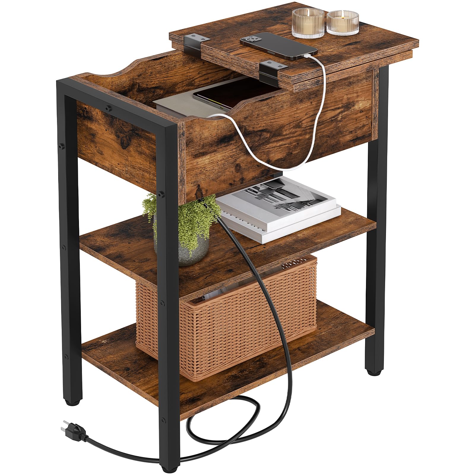 End Table with Charging Station, Narrow Side Table, Flip Top Nightstand with USB Ports and Outlets, Bedside Tables with Shelf for Small Spaces, Living Room, Rustic Brown BF341BZ01