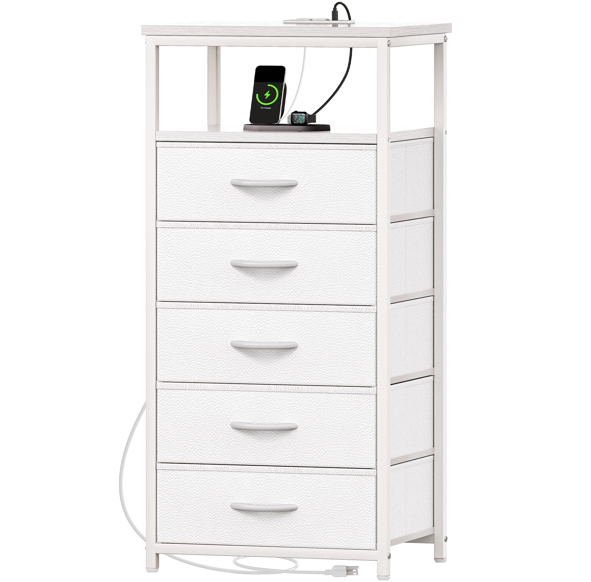 5 Drawers Dresser with Charging Station, Dresser for Bedroom, Tall Night Stand, Chest of Drawers with Open Shelf, Bedside Table Nightstand, Fabric Dresser, for Entryway, White