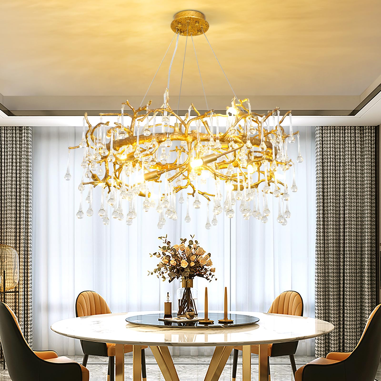 Crystal Chandelier Antique Bronze Gold Crystal Chandelier for Dining Room,Ceiling Pendant Light Fixture for Living Bedroom Hall Farmhouse Foyer 31.5 inch,Chain Adjustable