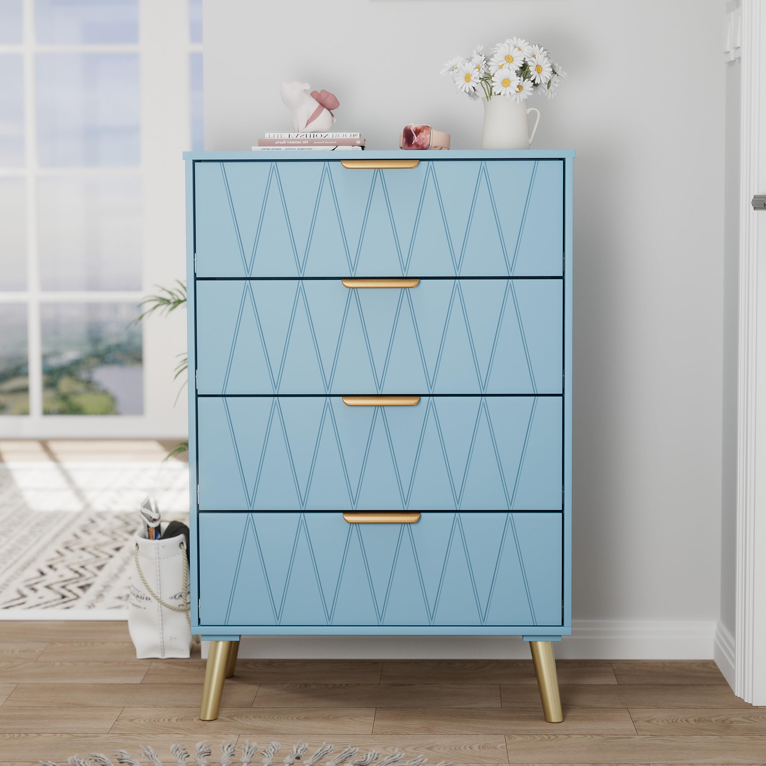 4 Drawer Dresser, Chest of Drawers, Modern Dresser with Storage, Organizer Unit for Bedroom, Living Room, Hallway, Entryway, Closet(Blue)
