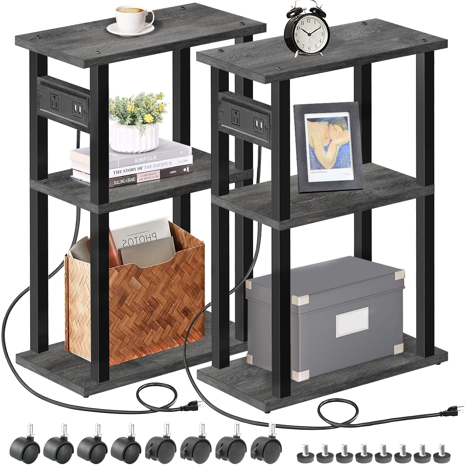 TUTOTAK Small Narrow Side Table with Charging Station, Set of 2 Skinny End Table for Small Spaces, Slim Nightstand with USB Ports and Outlet,Sofa Beside Table with Wheels, Charcoal Grey TB01BY047