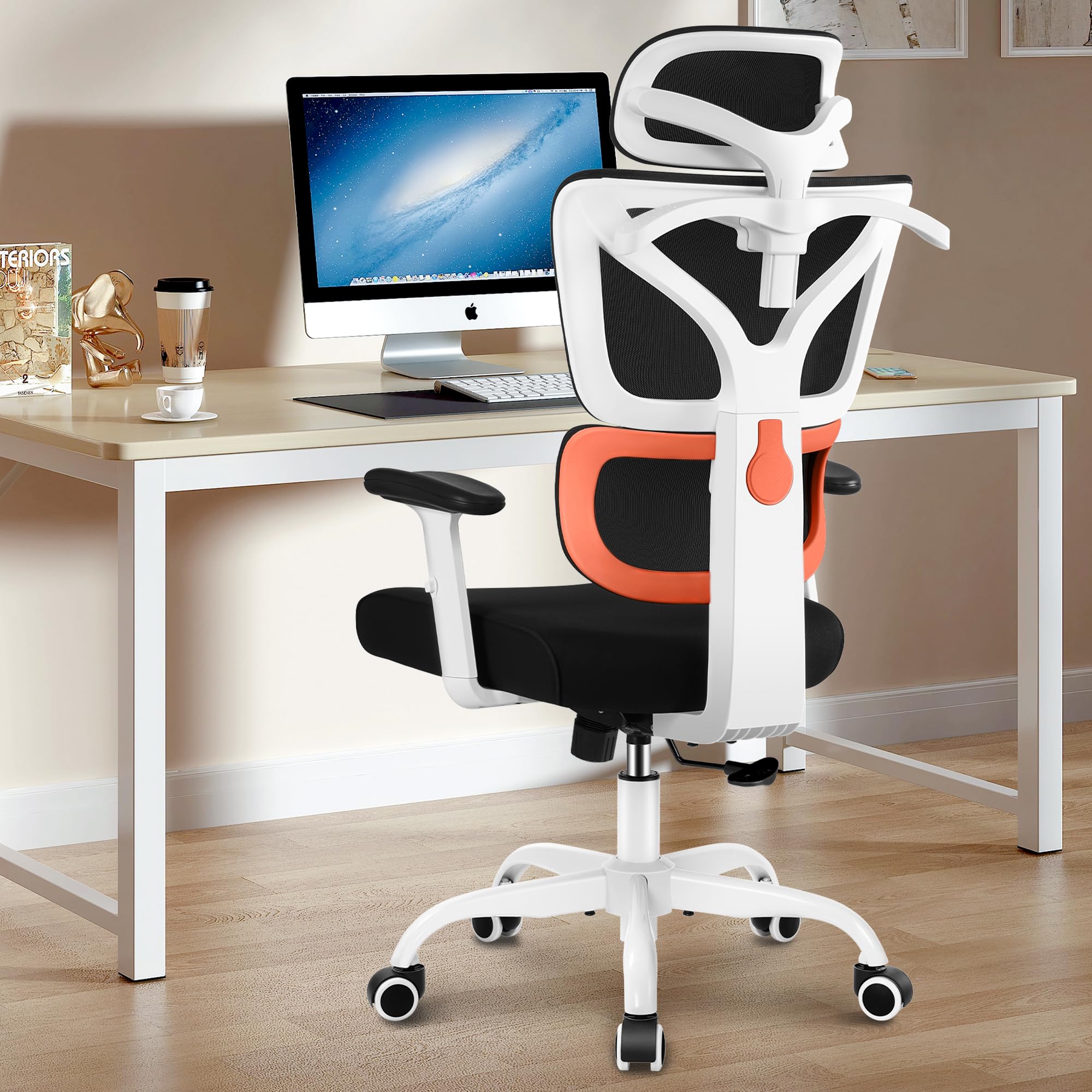 Office Chair Ergonomic Desk Chair, High Back Gaming Chair, Big and Tall Reclining chair Comfy Home Office Desk Chair Lumbar Support Breathable Mesh Computer Chair Adjustable Armrests(W-Orange)  Polypropylene