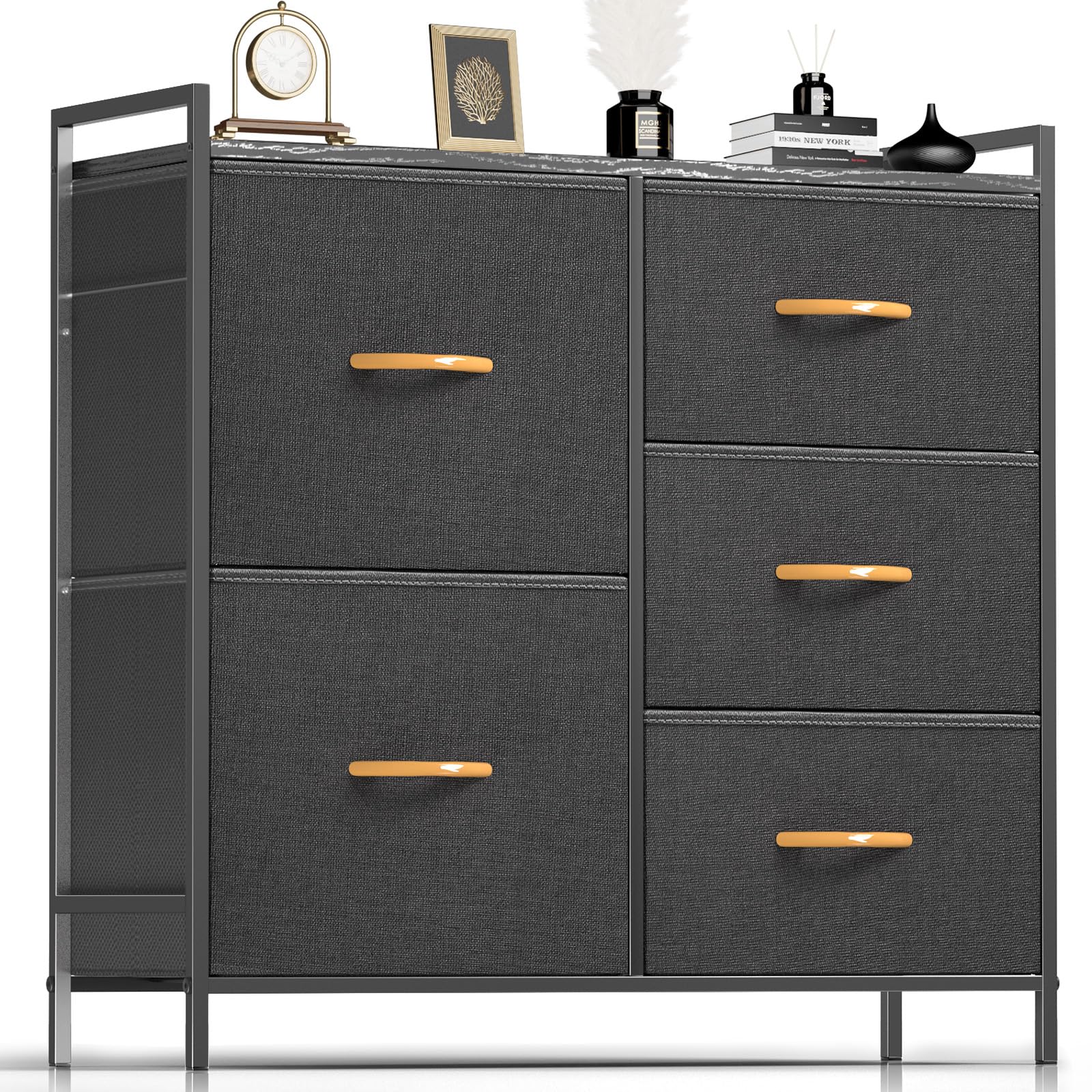 ROMOON Dresser for Bedroom, Small Dresser with 5 Drawers for Closet, Fabric Dresser for Nursery, Home Office (Dark Grey)