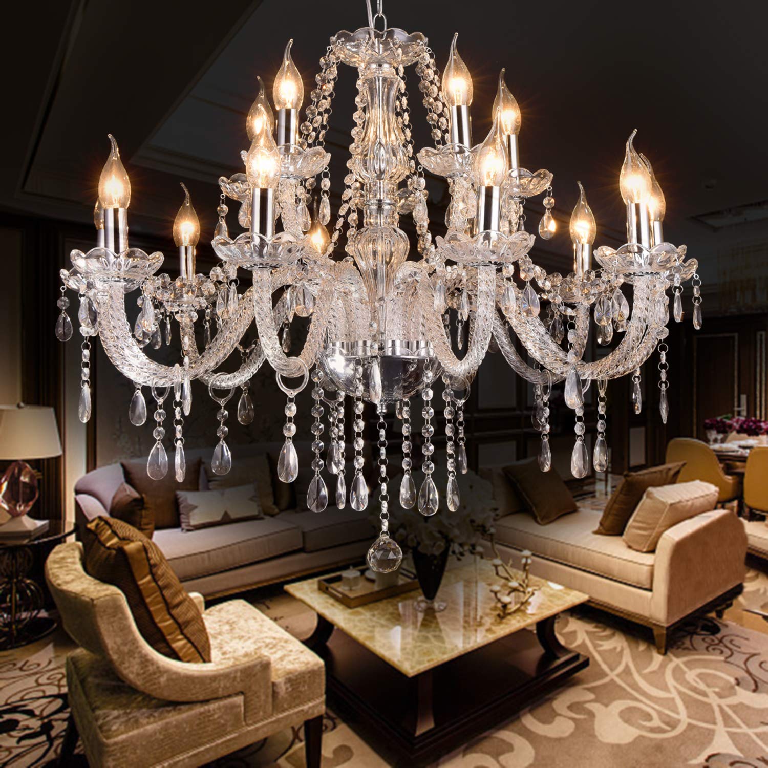 Modern Elegant 15 Lights K9 Crystal Glass Chandelier Pendant Ceiling Lighting European Style for Dining Living Room Bedroom Transparent,15 E12 Bulbs Required
