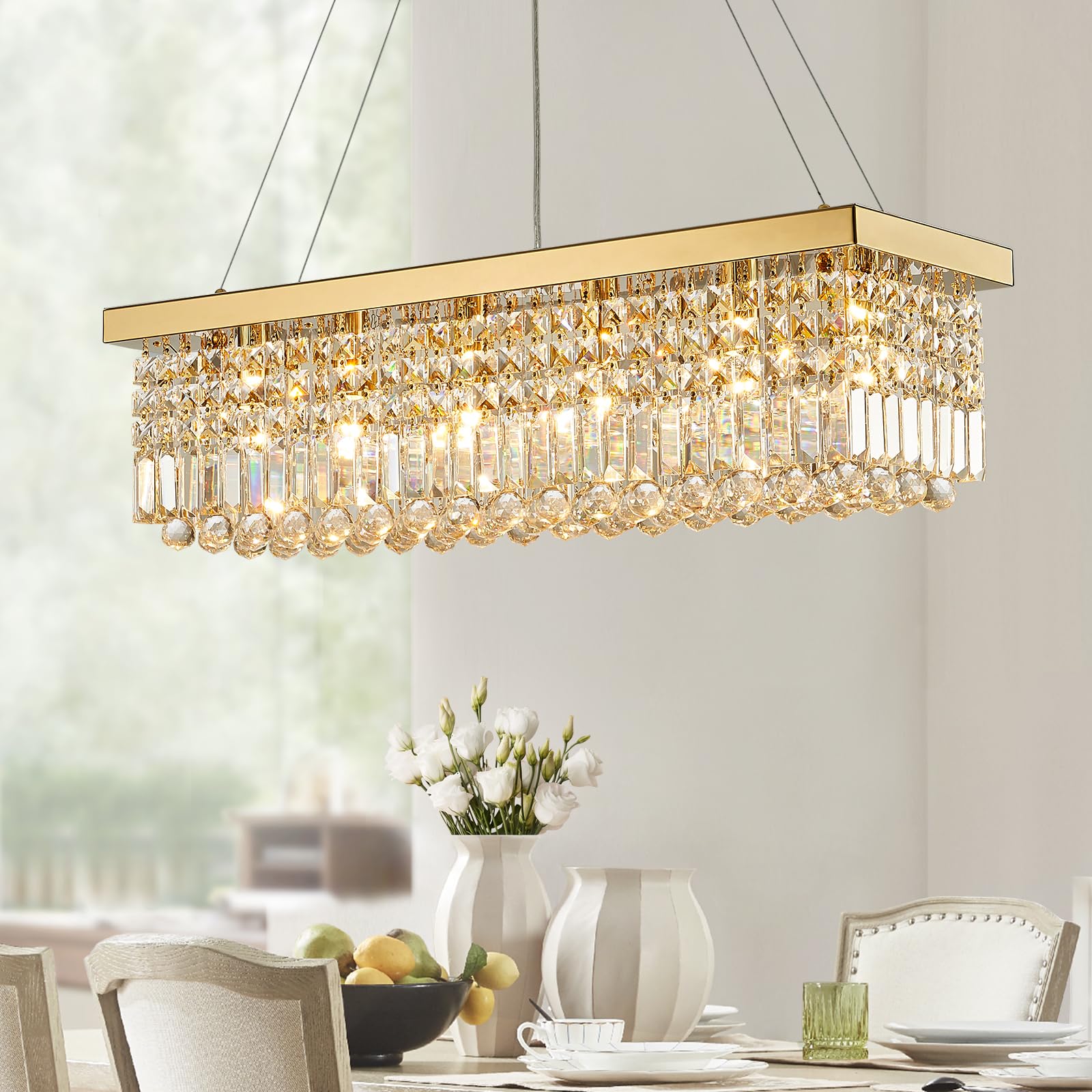Siljoy 6-Light Modern Crystal Chandelier Rectangular Gold K9 Crystal Raindrop Chandelier for Dining Room, Luxury Adjustable Ceiling Pendant Light for Living Room Kitchen Island L31.5&apos;&apos; x W10&apos;&apos; x H10&apos;&apos;