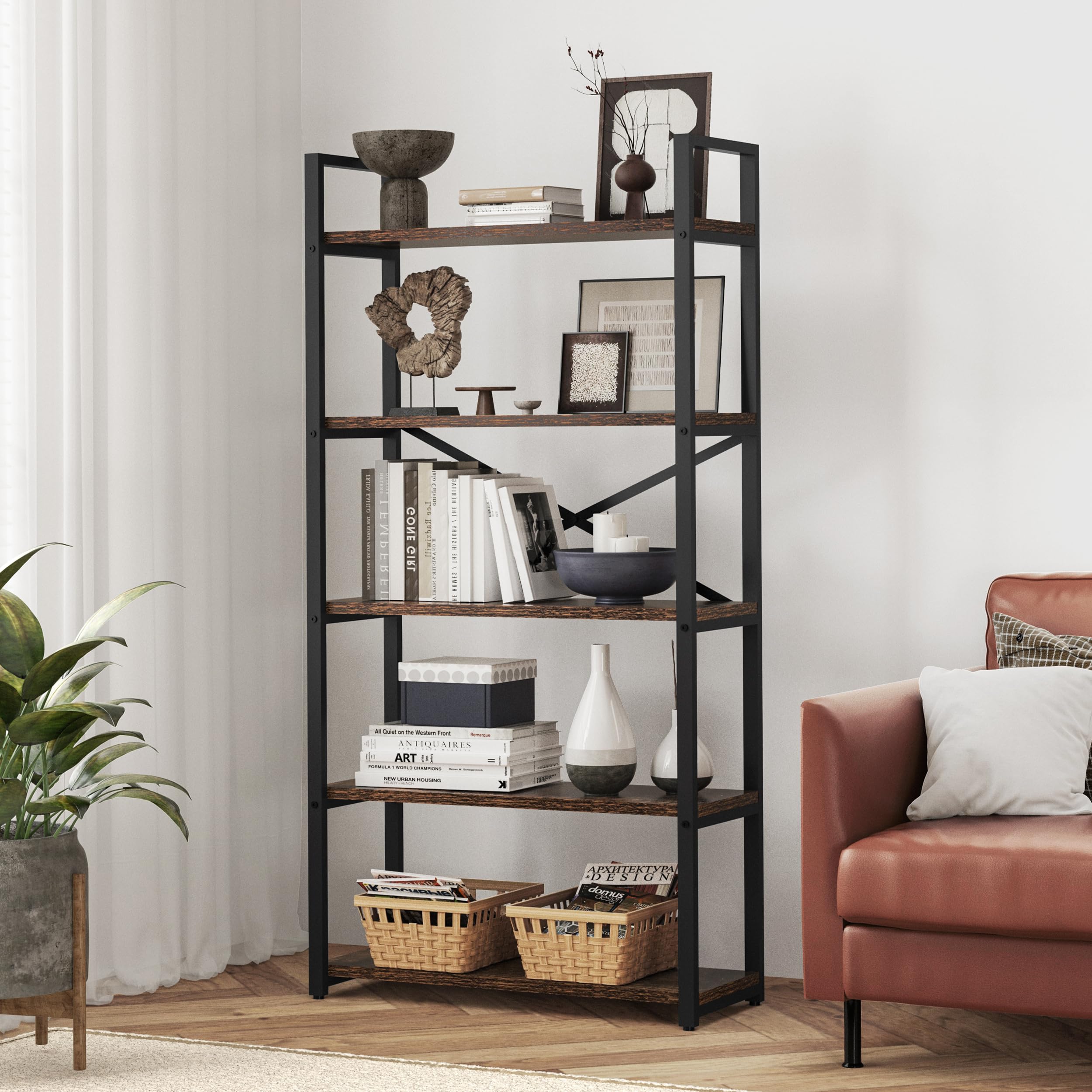 5 Tier Bookshelf Rustic Industrial Style, Storage Shelves, Metal Book Shelves Bookcase Book Shelf Display Shelf for Home Office, Living Room, Bedroom, Kitchen (31.5&quot; W, Brown)