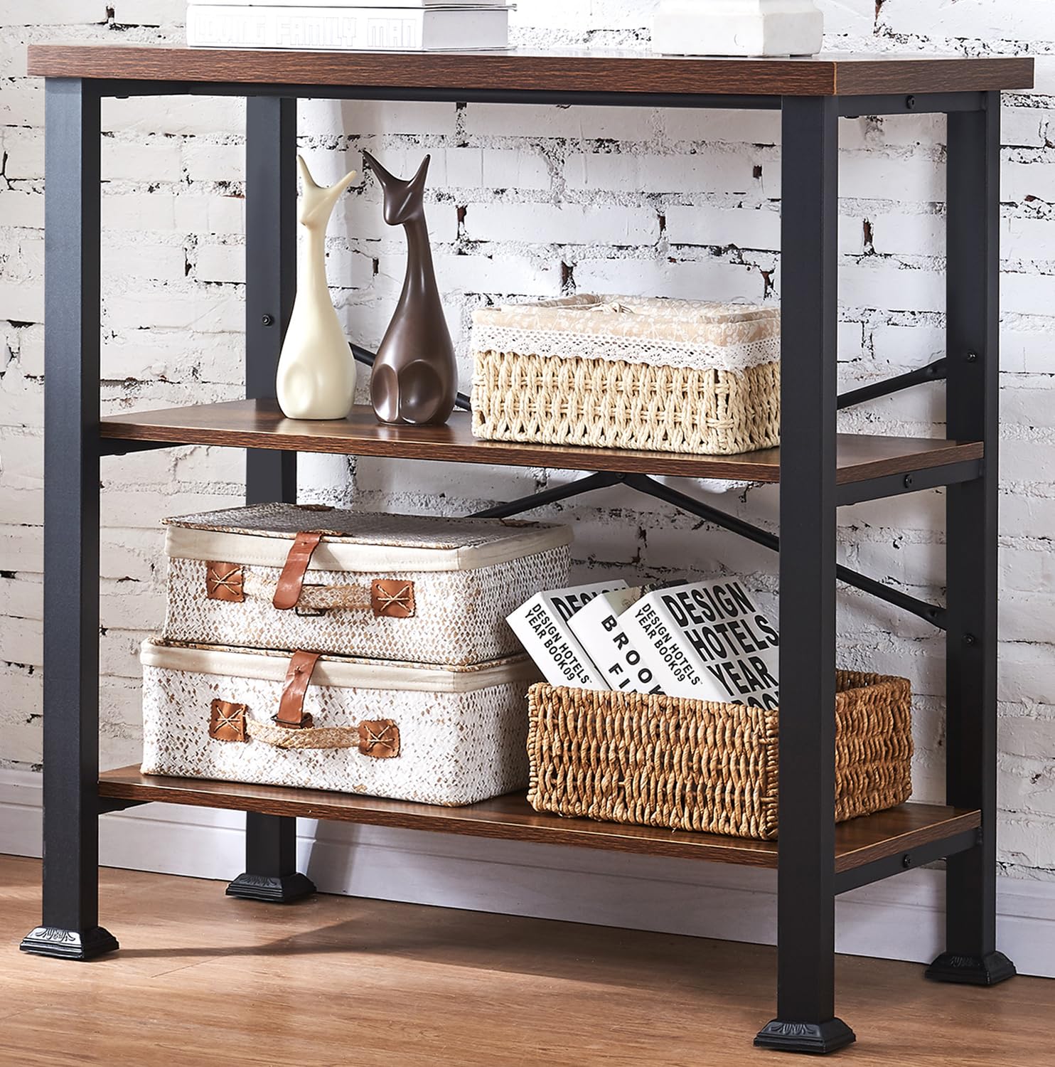 HOMBAZAAR Bookshelf, 3-Tier Vintage Industrial Book Shelf, Rustic Wood and Metal Bookcase and Bookshelves, Free Standing Storage Small Bookshelf for Living Room, Bedroom and Kitchen, Brown