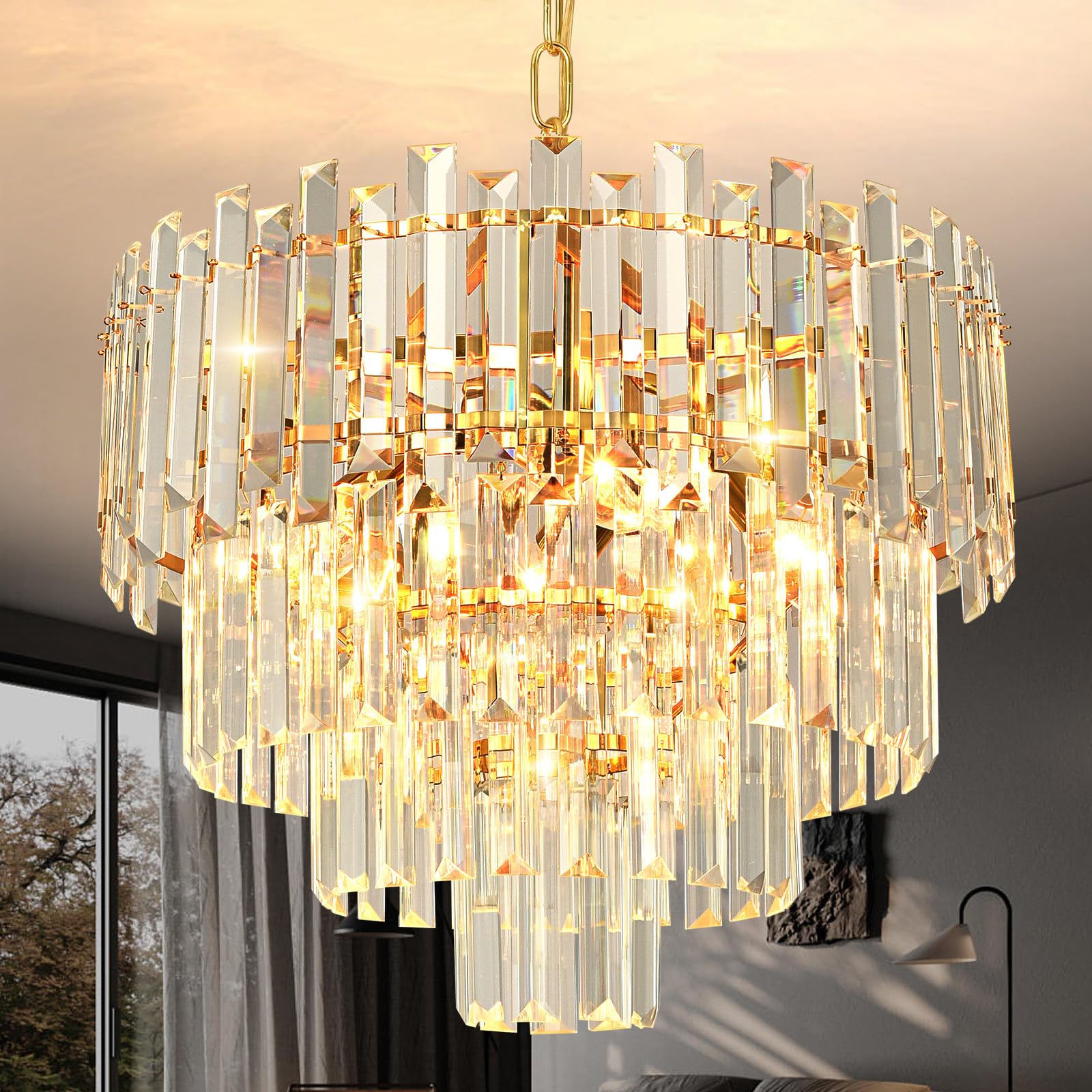 Crystal Chandelier, Modern Style Stacked Crystal Light, Suitable for Hanging Chandeliers in hallways, Living Rooms, and Kitchen Islands. Ceiling fixtures, D40cm,E12*4LED(no Included)