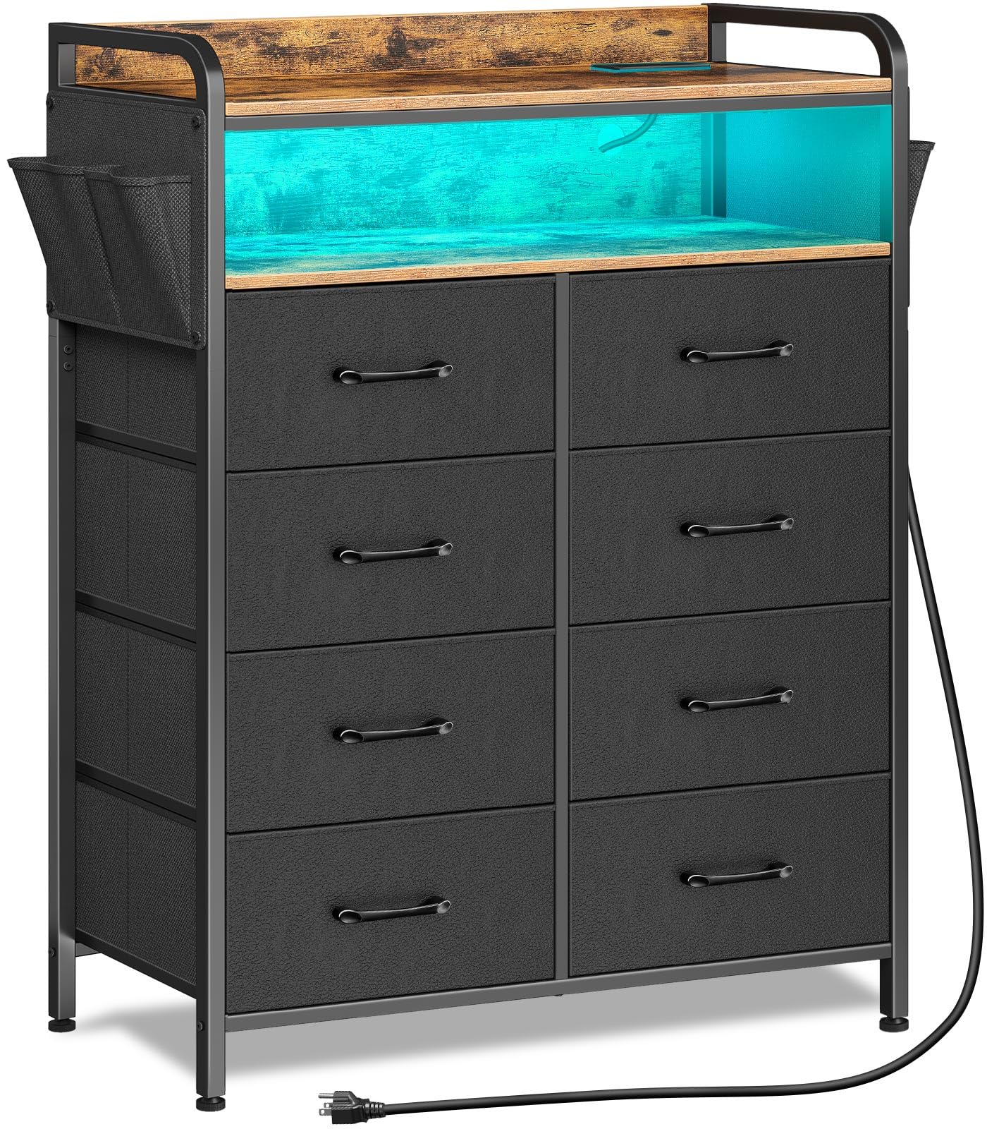 Rolanstar Dresser with Power Outlets and LED Lights, 8 Drawers Dresser with Side Pockets, Fabric Chest of Drawers with PU Finish, Tall Dresser with Sturdy Frame for Bedroom, Rustic Brown