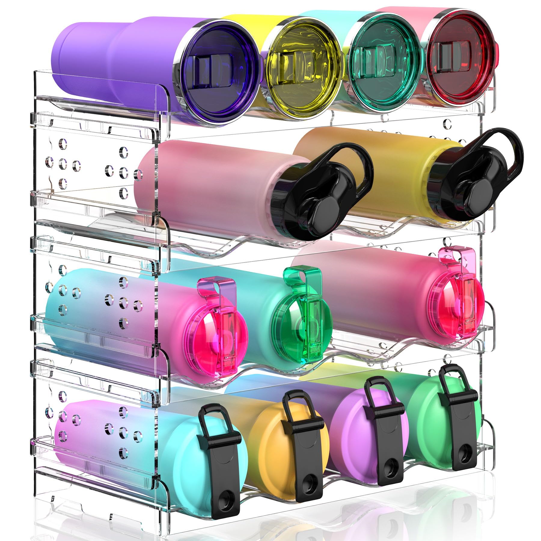 4 Tier Water Bottle Organizer - 16 Bottle Stackable Holder for Tumblers, Cups, Wine Bottles - Free-Standing Kitchen Organization Shelf Rack for Cabinet, Countertop, Pantry, Clear Plastic