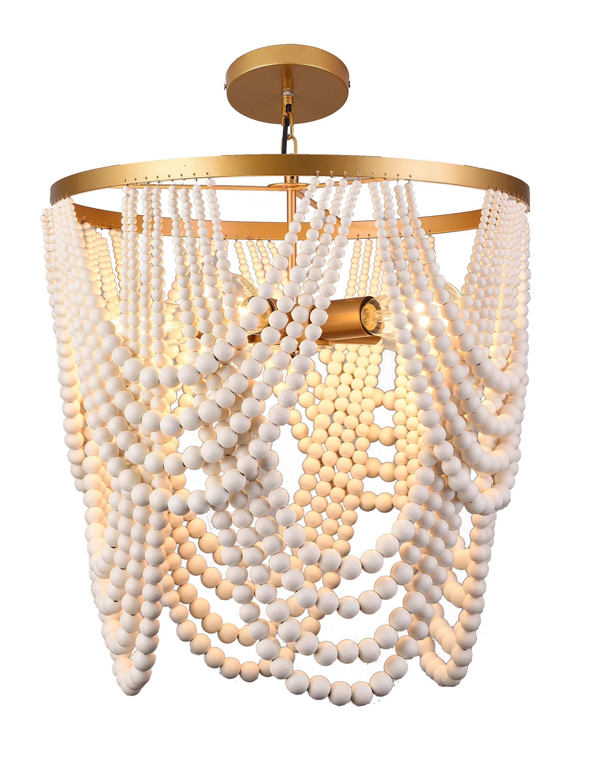 Bohemia Wood Beaded Chandelier Boho Chandelier Gold and Oak Finish Beaded Light Fixture for Dining Living Room,Bedroom, Nursery Room, Girl Room, Hallway, Entryway, Passway, 5-Light
