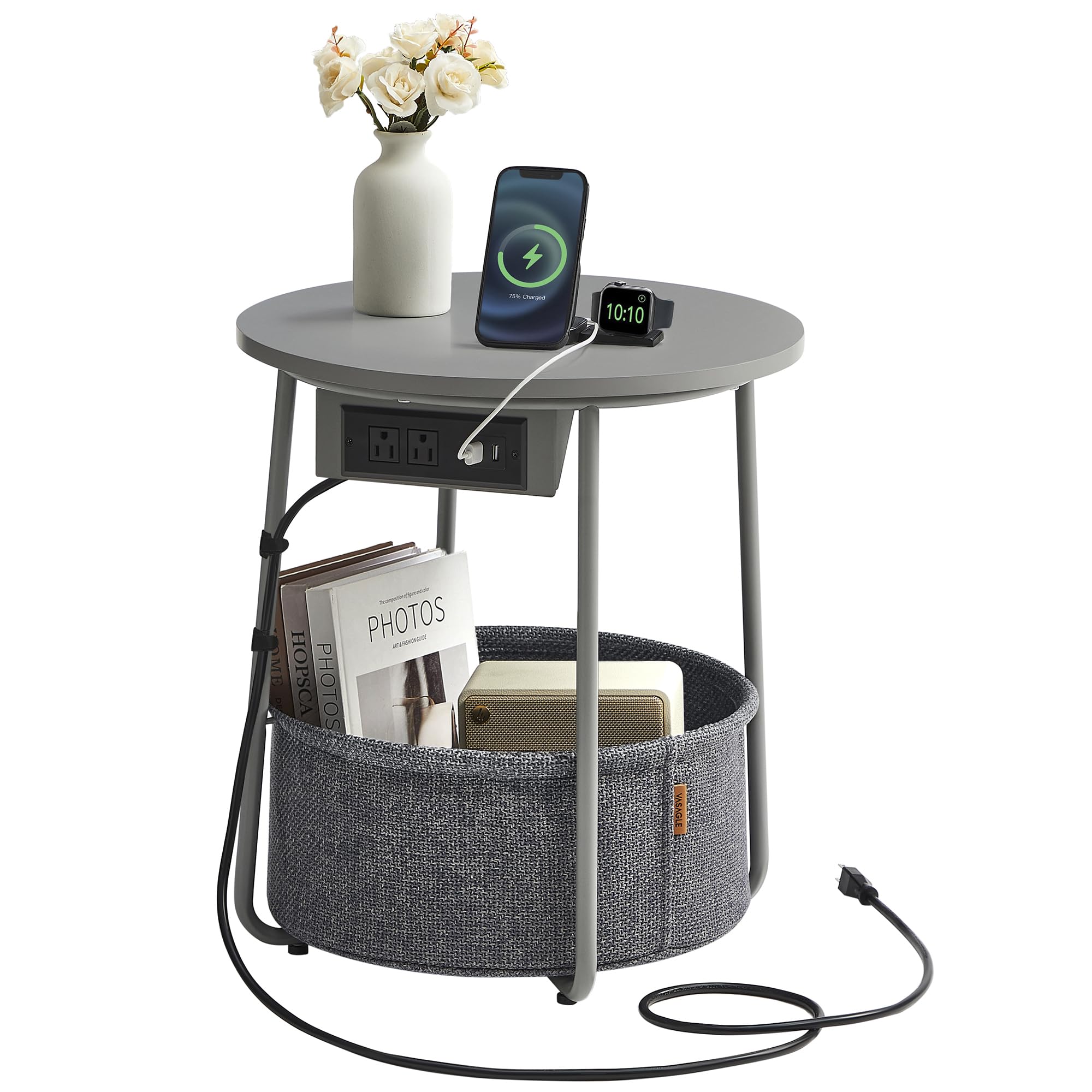 VASAGLE Side Table with Charging Station, Round End Table With Fabric Basket, Nightstand with Power Outlets USB Ports, for Living Room, Bedroom, Modern, Dove Gray and Slate Gray ULET228G01