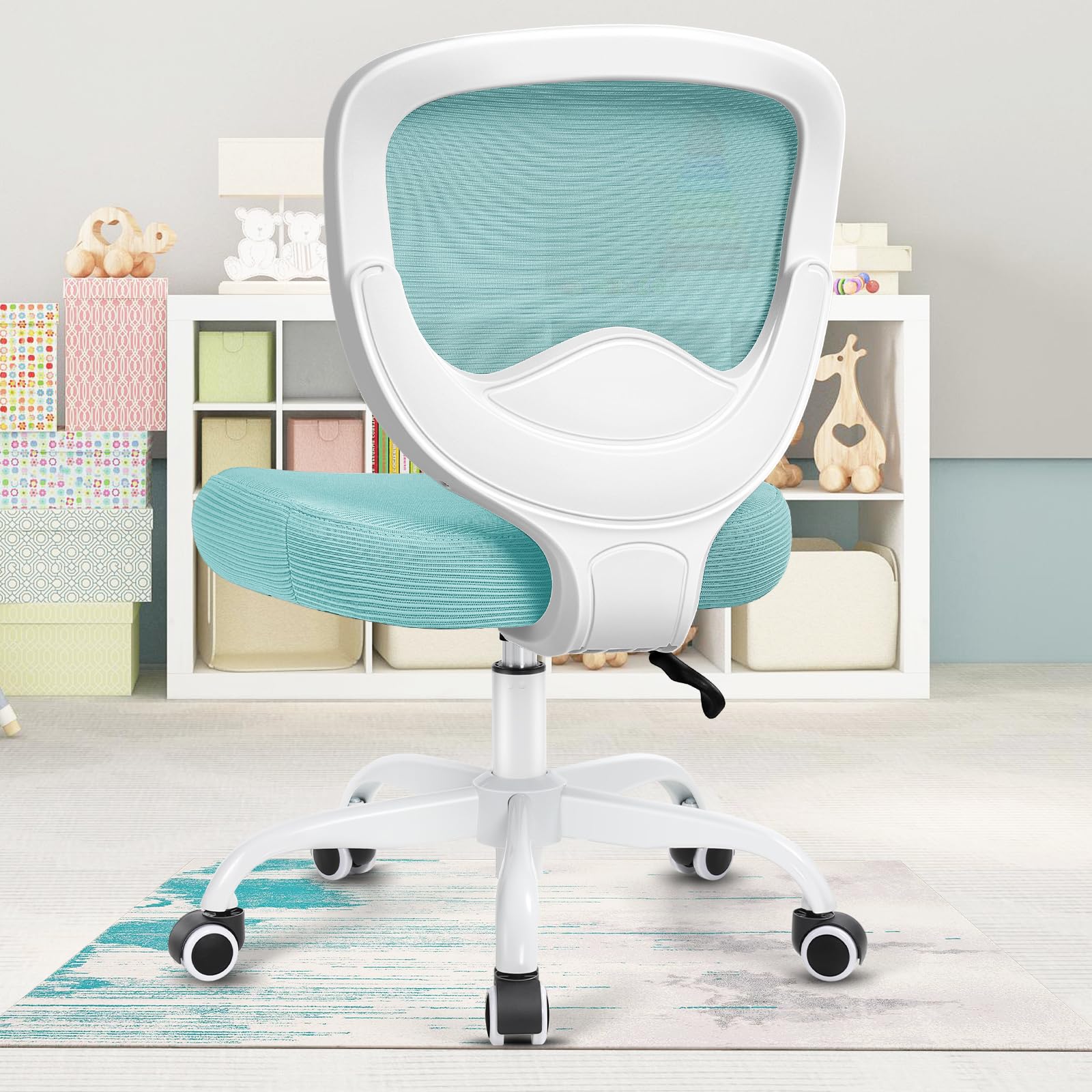 Armless Office Chair with Wheels, Cute Kids Desk Chair for Boys Girls, Mesh Task Rolling Swivel Computer Chair in Home Bedroom School  Polypropylene