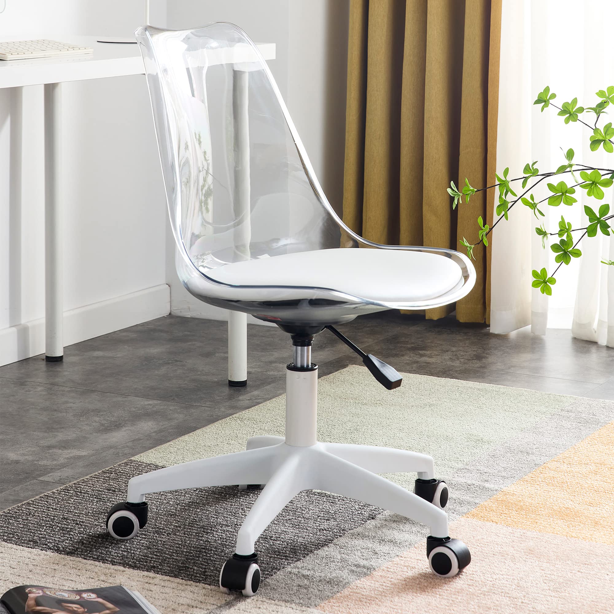 Acrylic Clear Desk Chair Modern Home Office Ghost Chairs with Wheels Cute Armless Rolling Vanity Plastic Chair with Adjustable Height (Clear)  Metal, Acrylic