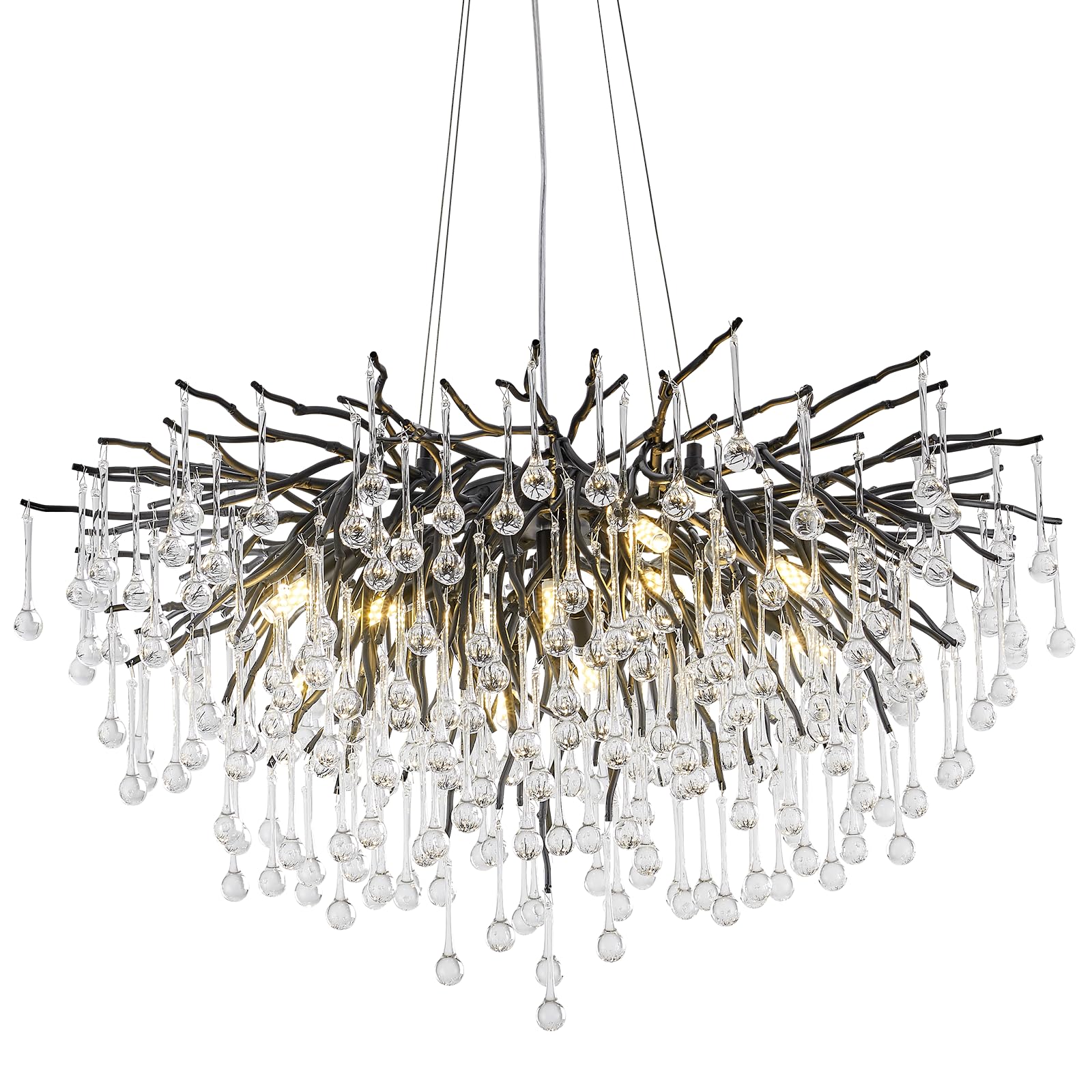 Chandeliers for Dining Room - 31.5&quot; Modern Black Crystal Chandelier, Vintage Round Tree Branch Raindrop Chandelier, Farmhouse Foyer Chandeliers for Entryway, Living Room,Bedrooms,Bathroom