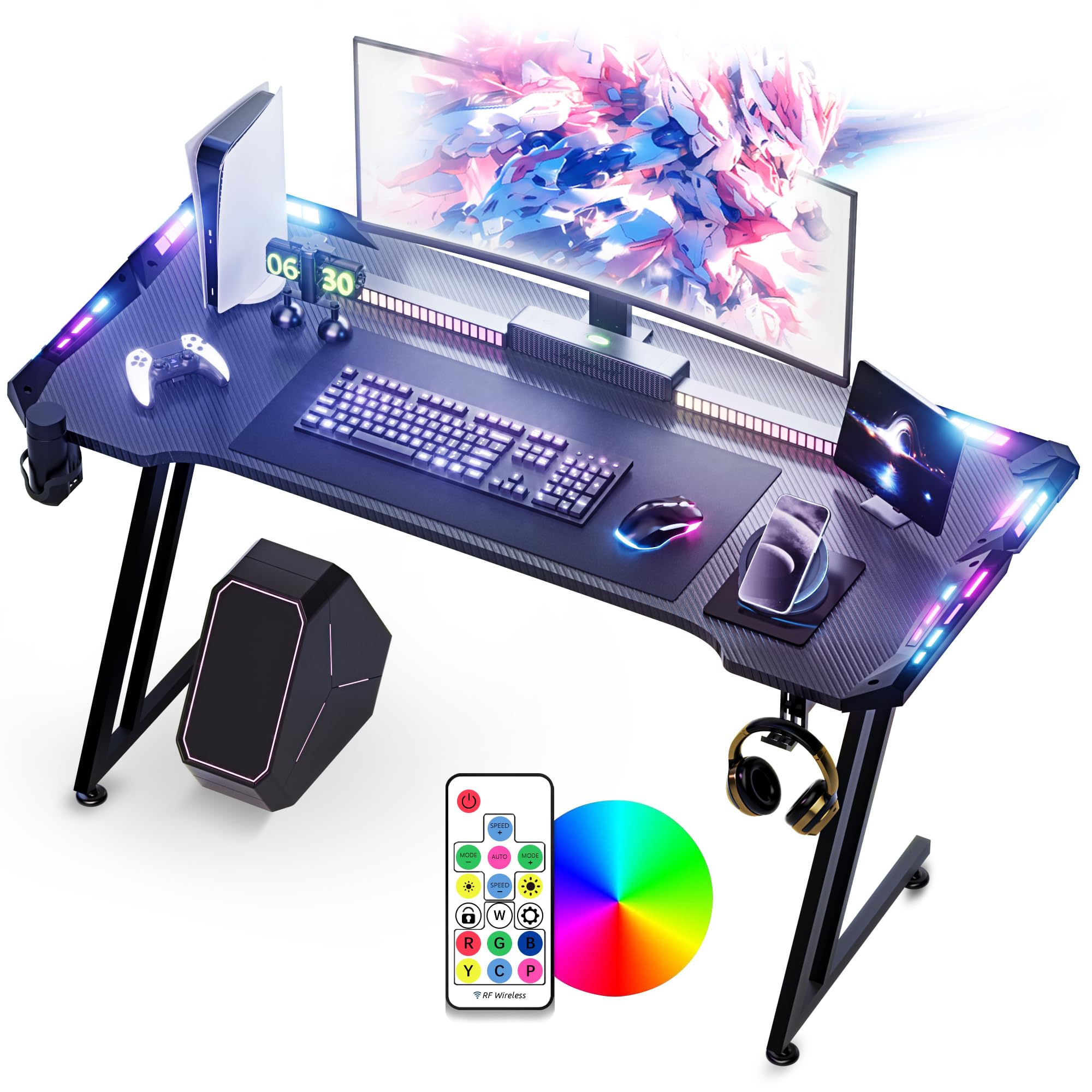 Gaming Desk with LED Lights, 48 inch Carbon Fiber Surface RGB Gaming Computer Table, 384 Color Mode with Remote Control, Cup Holder and Headphone Hook - Black