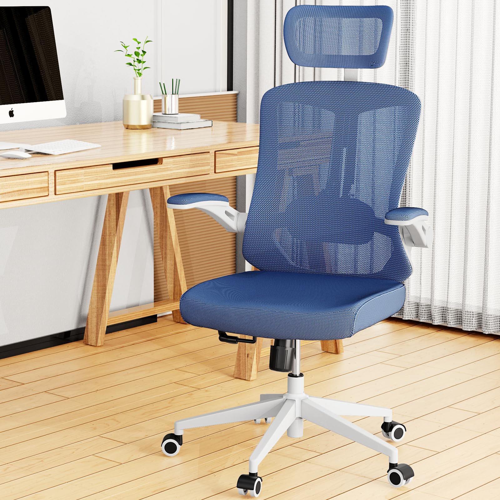 Ergonomic Office Chair, High Back Computer Desk Chair Comfy Lumbar Support - Home Office Swivel Mesh Chair with Adjustable Headrest & Backrest, Flip-up Armrest, PU Silent Rolling Wheels, Blue