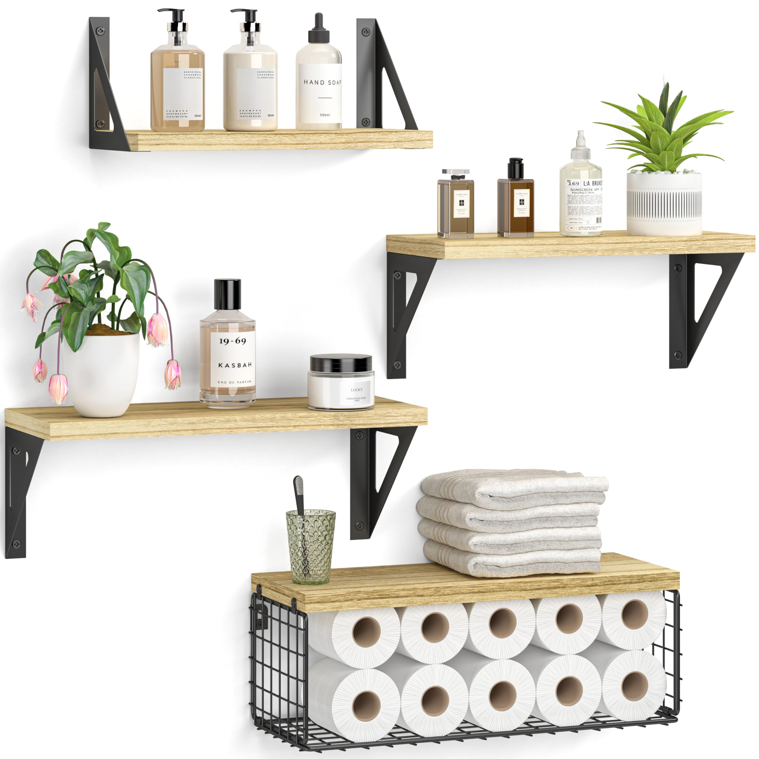 4+1 Floating Shelves for Wall Decor, Wall Shelves with Wire Storage Basket, Bathroom Shelves Over Toilet, Studry Shelves Wall Decor for Bedroom, Kitchen, Living Room and Plants, Rustic Brown