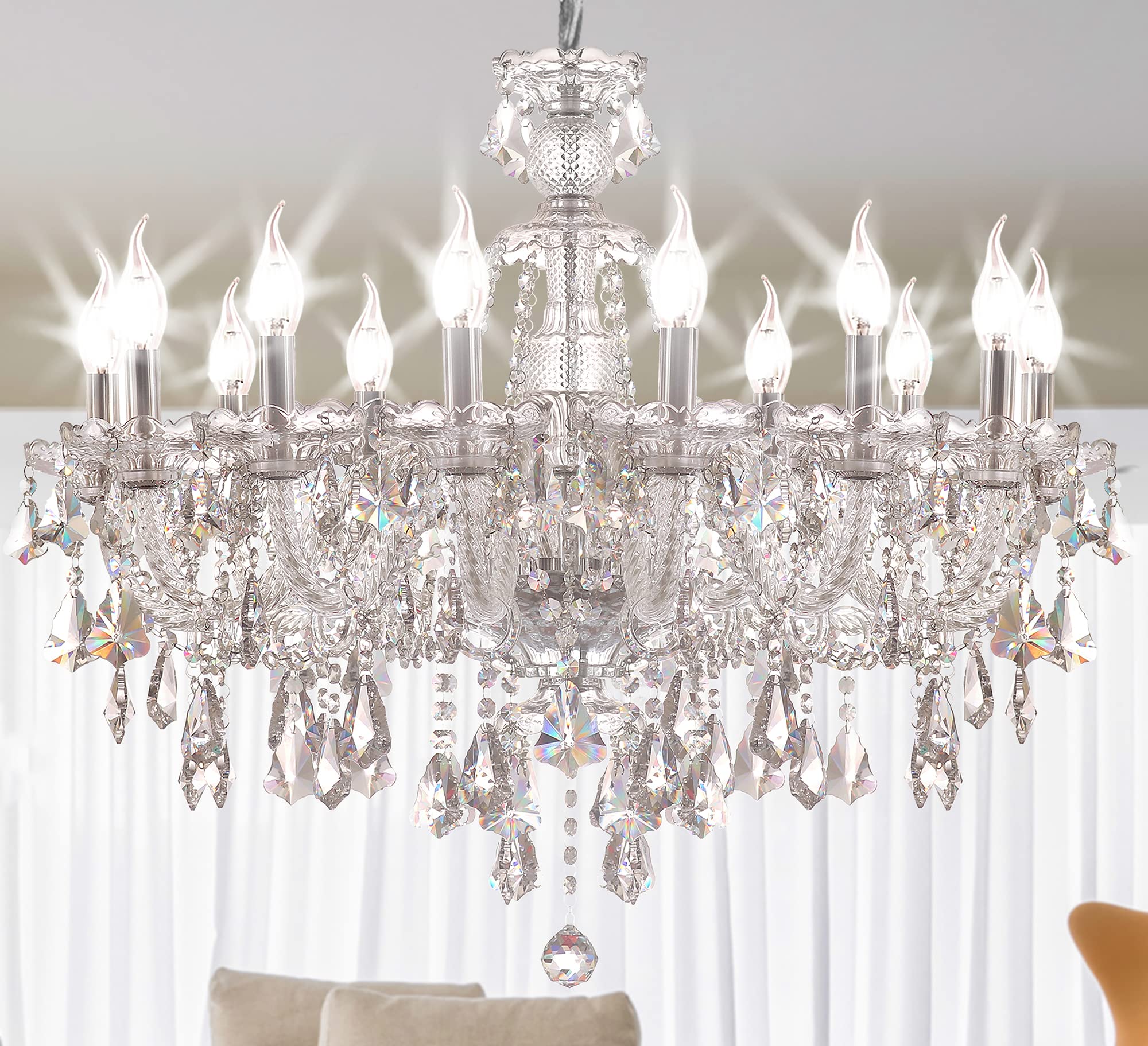 Clear 12 Lights K9 Crystal Chandelier,Candle Pendant Lamp Ceiling lighting, Crystal Chandeliers for dining room ,Bedroom,Living Room, 33 inch x27.5 Inch ( Color: Clear)with 12pcs 5W E12 LED Bulbs.