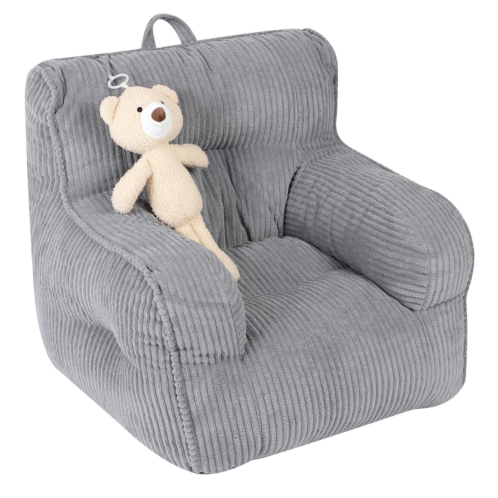 Kids Bean Bag Chair with a Plush Bear, Comfy Toddler Chair for Boys and Girls, Grey