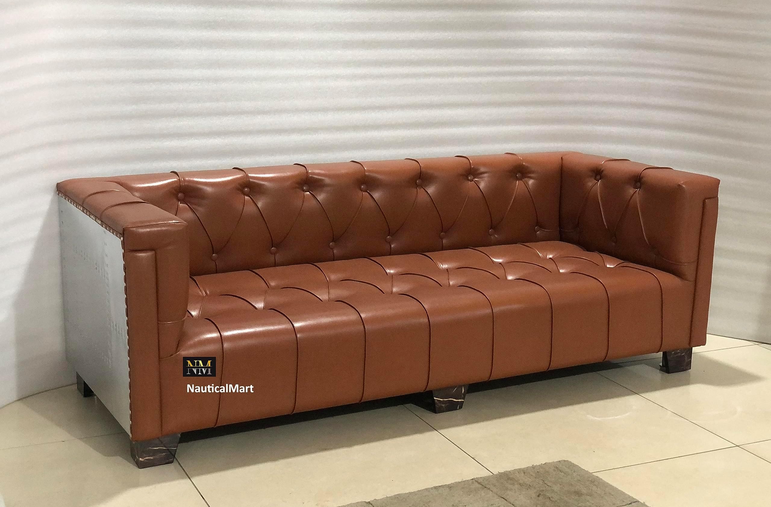 NauticalMart Aviator Three Seater Sofa Real Leather and Aluminum Living Room Vintage Brown Furniture