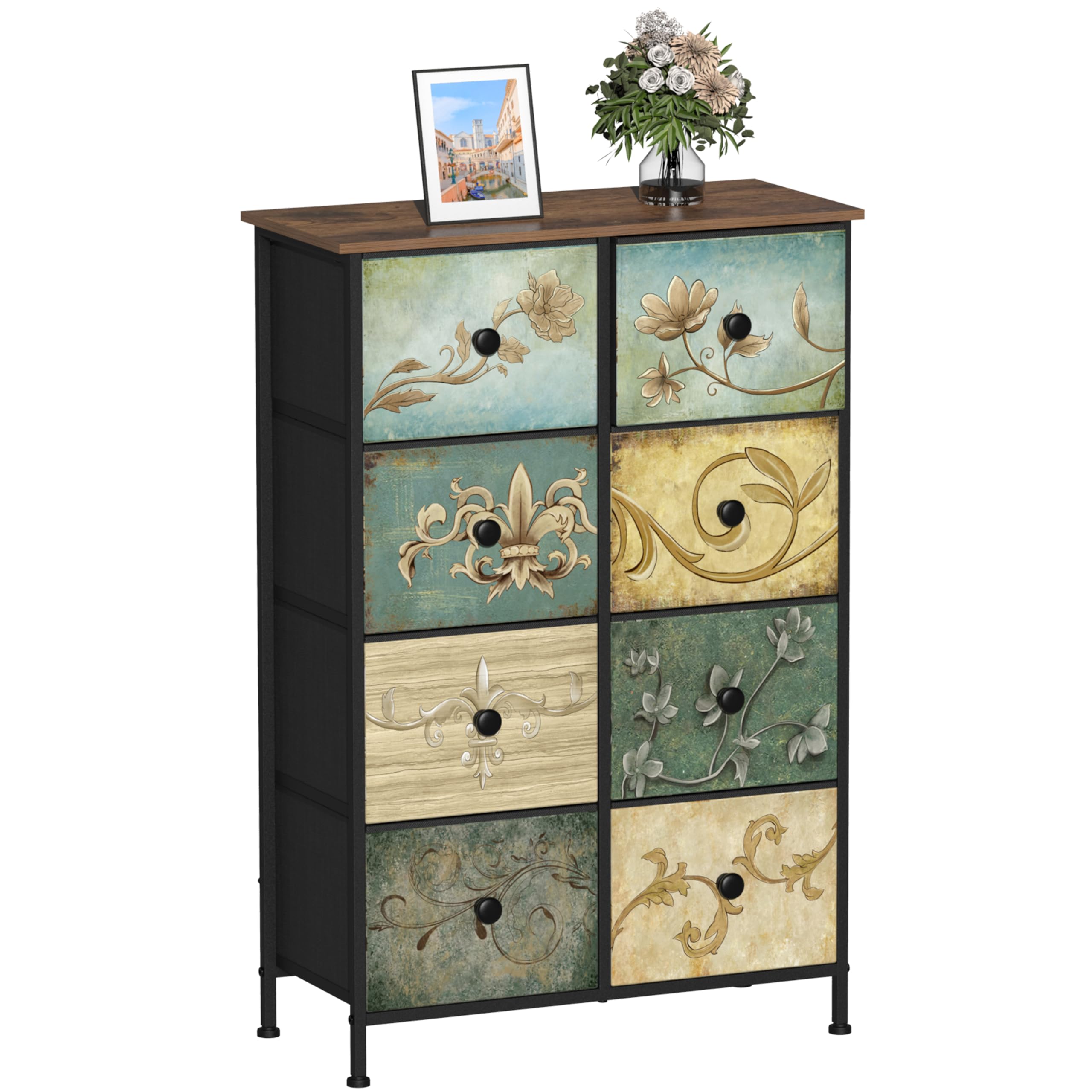 Dresser with 8 Retro Flower Drawers Dresser Chest of Drawers Sofa End Table for Living Room Entryway Dresser Storage Tower (Wide 8 Drawers)