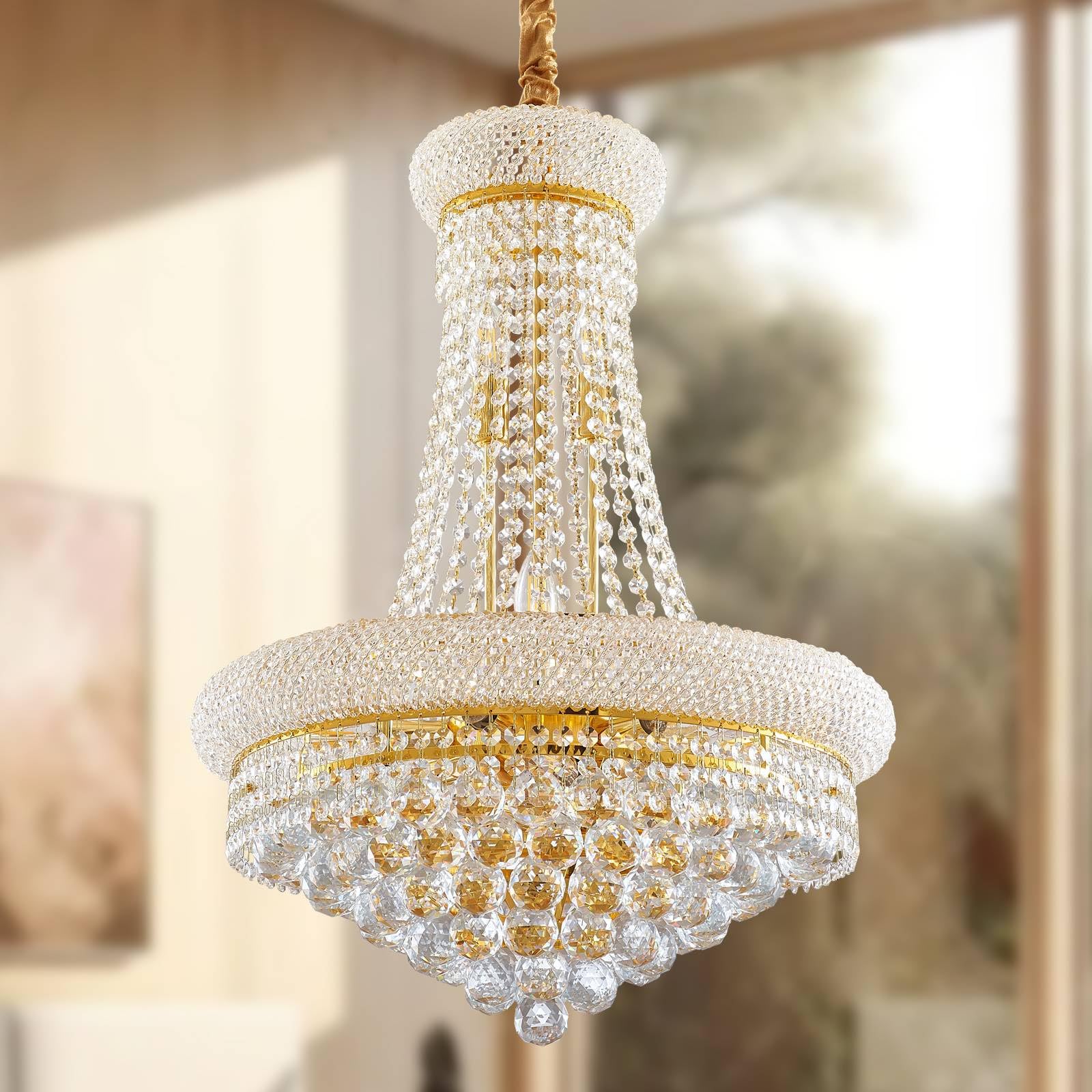 12-Lights Golden Finish Classic Empire Style K9 Crystal Ball Chandelier Ceiling Light for Living Room Foyer Dining Room Hallway Bedroom (22×32 inch) New Packaging Easy to Install