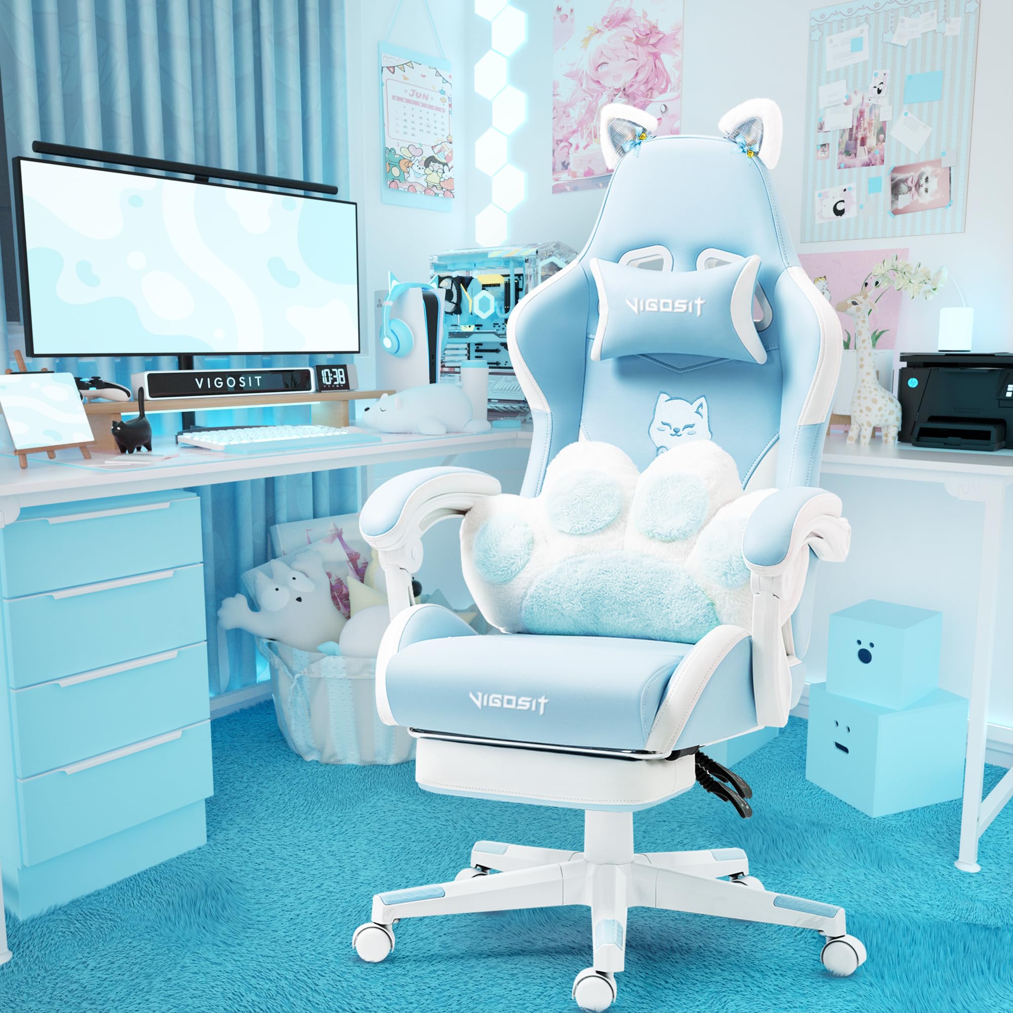 Cute Gaming Chair with Cat Paw Lumbar Cushion and Cat Ears, Ergonomic Computer Chair with Footrest, Reclining PC Game Chair for Girl, Teen, Kids, Blue