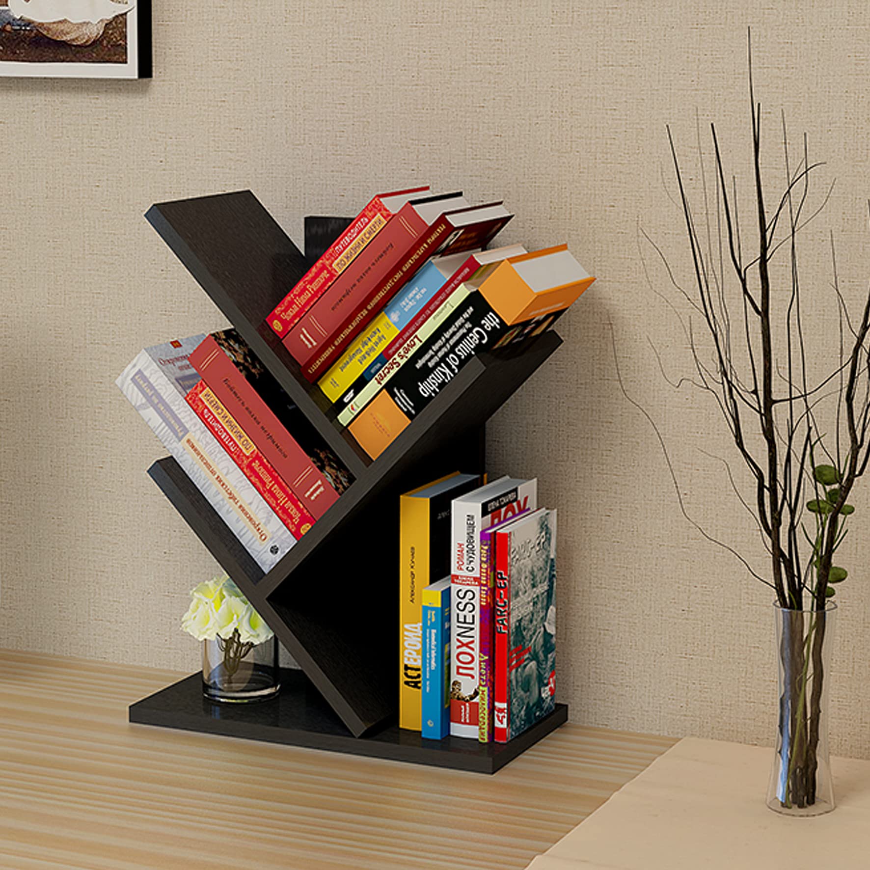 Book Tree Bookshelf, 3-Tier Wood Bookshelf Tree Bookcase for Displaying Books, CDs, Magazines and More at Office, Home or School
