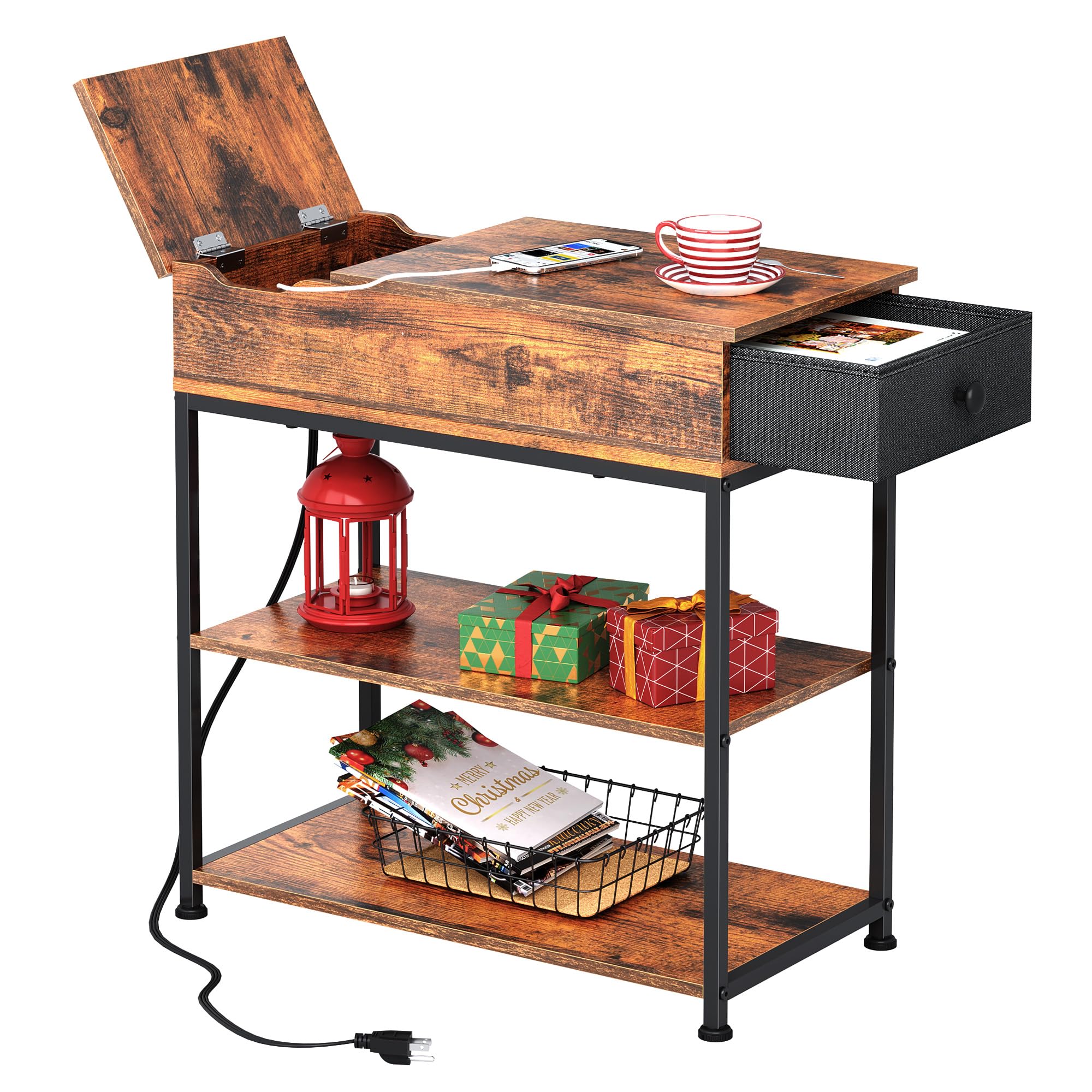 WLIVE Narrow Side Table with 2 USB Ports and 2 Outlets, Flip Top End Table with Drawer and Storage Shelves, End Stand with Charging Station for Living Room, Bedroom, Small Spaces