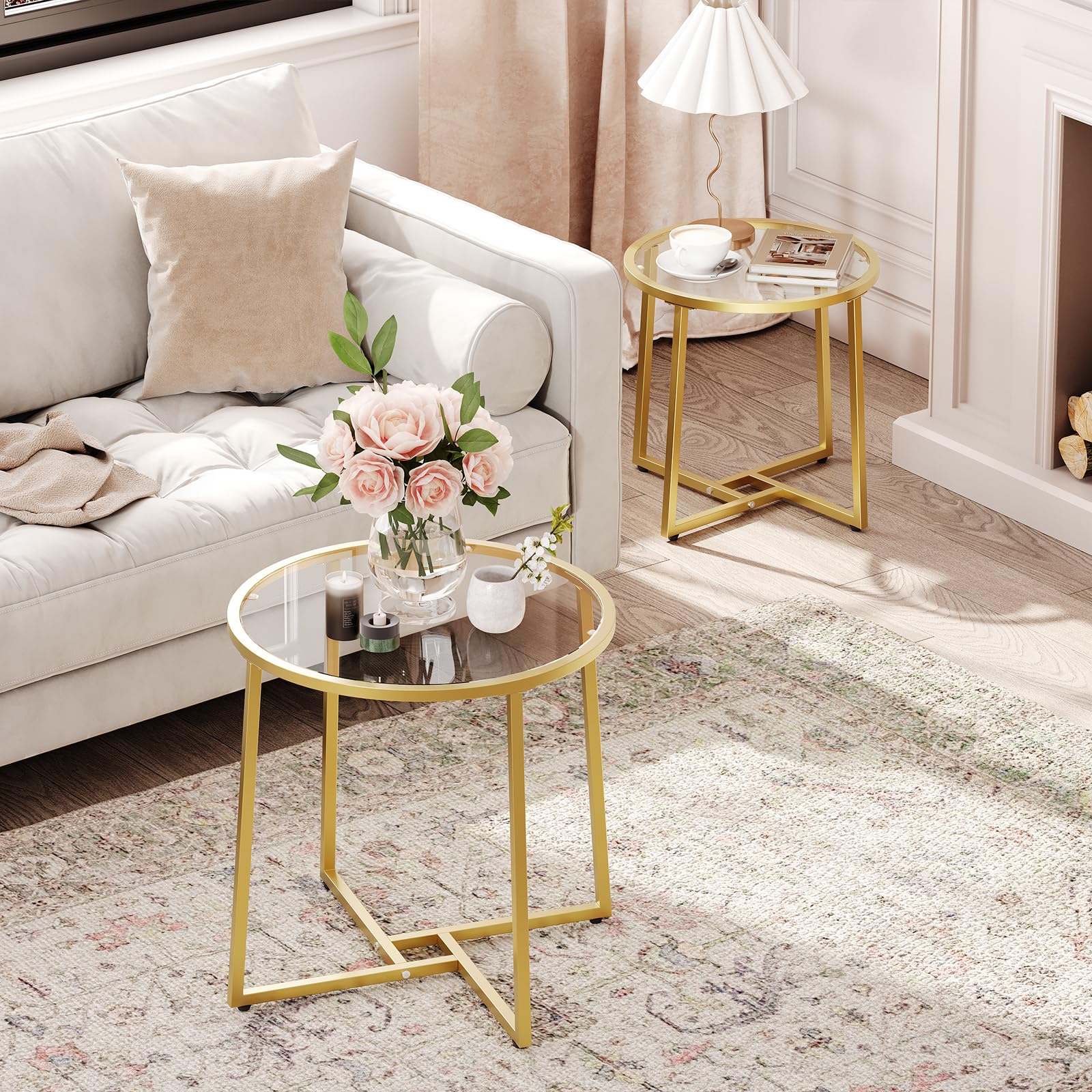 Small Coffee Table Set of 2, Gold End Table with Glass Top, Round Coffee Side Table with Metal Frame, Modern Style, for Living Room, Bedroom, Gold GD114BZ01