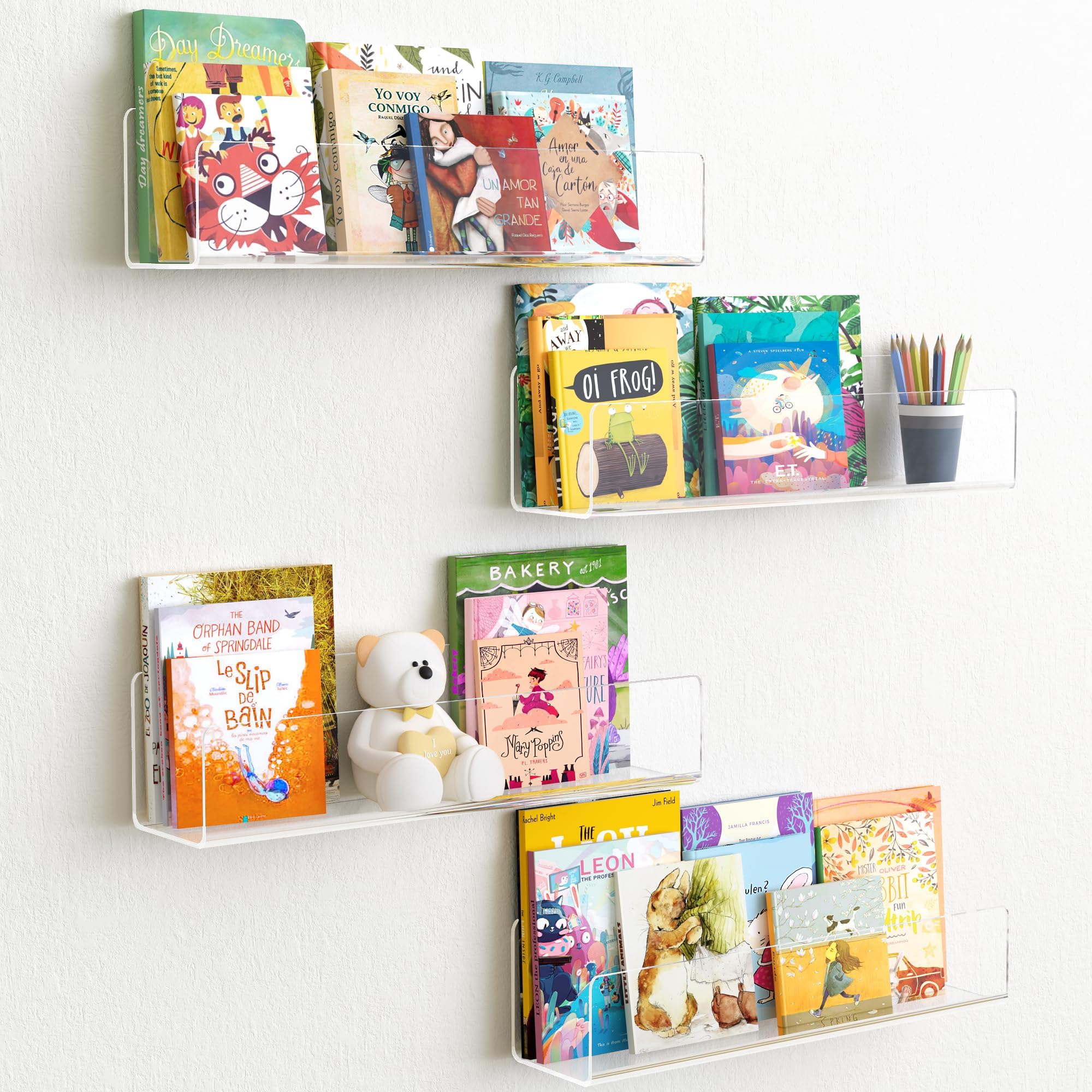 upsimples 15.7&quot; Kids Bookshelf, Clear Acrylic Shelves for Toy Storage, Bathroom Shelves Wall Mounted, Floating Book Shelves for Nursery, Bathroom, Living Room, Kitchen, Set of 4