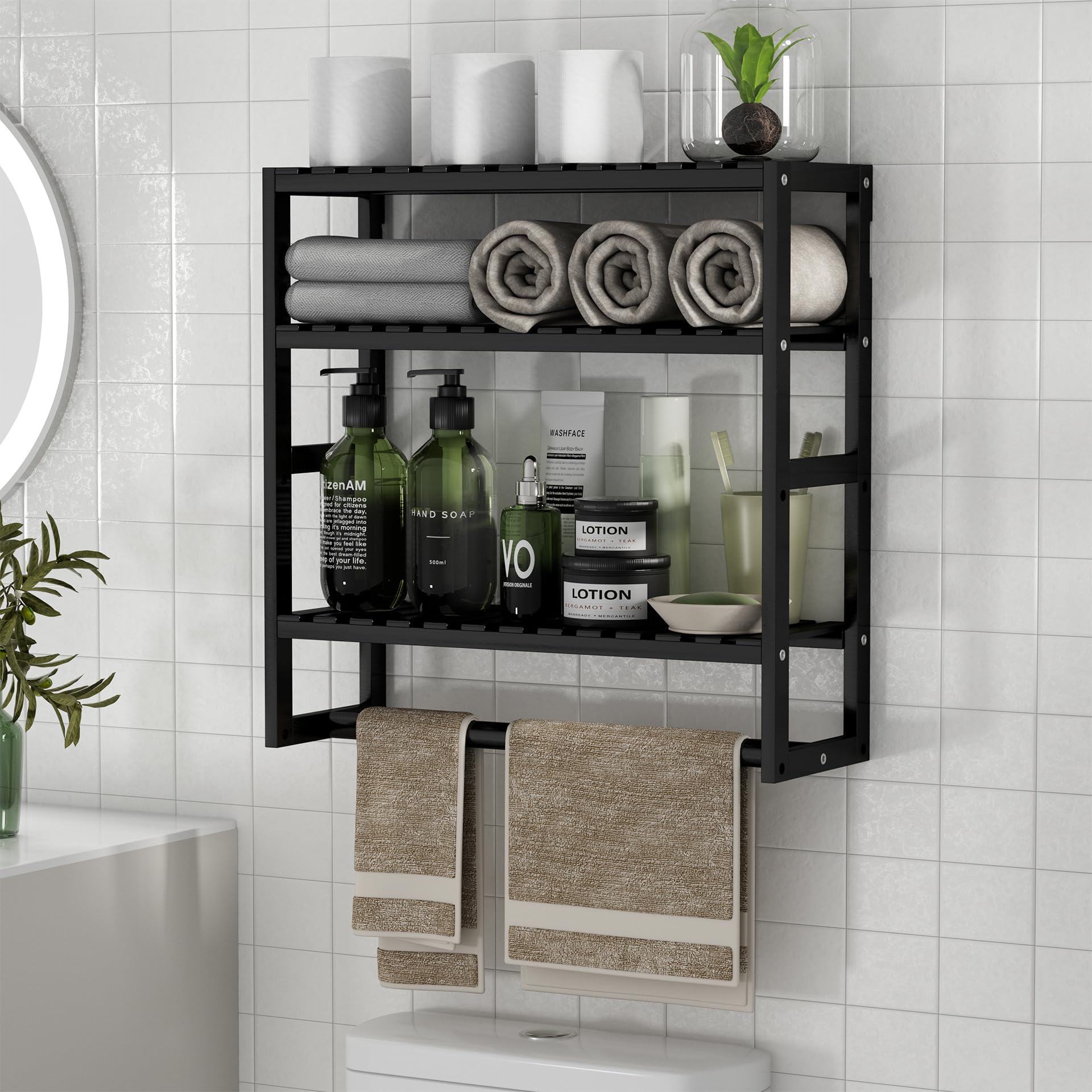 Bathroom Organizer Storage ShelvesOver The Toilet Storage With Towel Rack 100% Bamboo Adjustable Height Floating Shelf For Wall Shower Shelf For Bathroom Kitchen Living Room Multi Usage (Black-1Pack)
