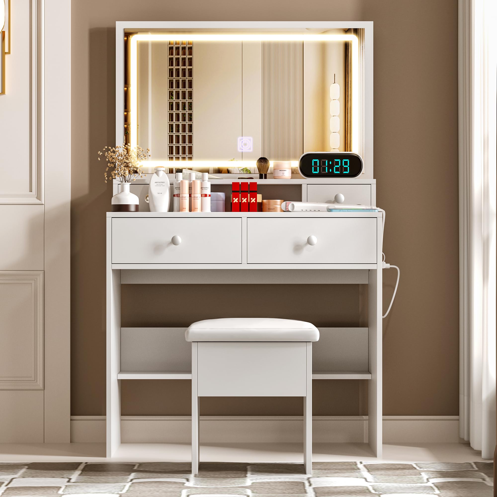 Vanity Desk Set with LED Lighted Mirror & Power Outlet, Dressing Makeup Table Set with Storage Stool, 4 White Drawer for Bedroom