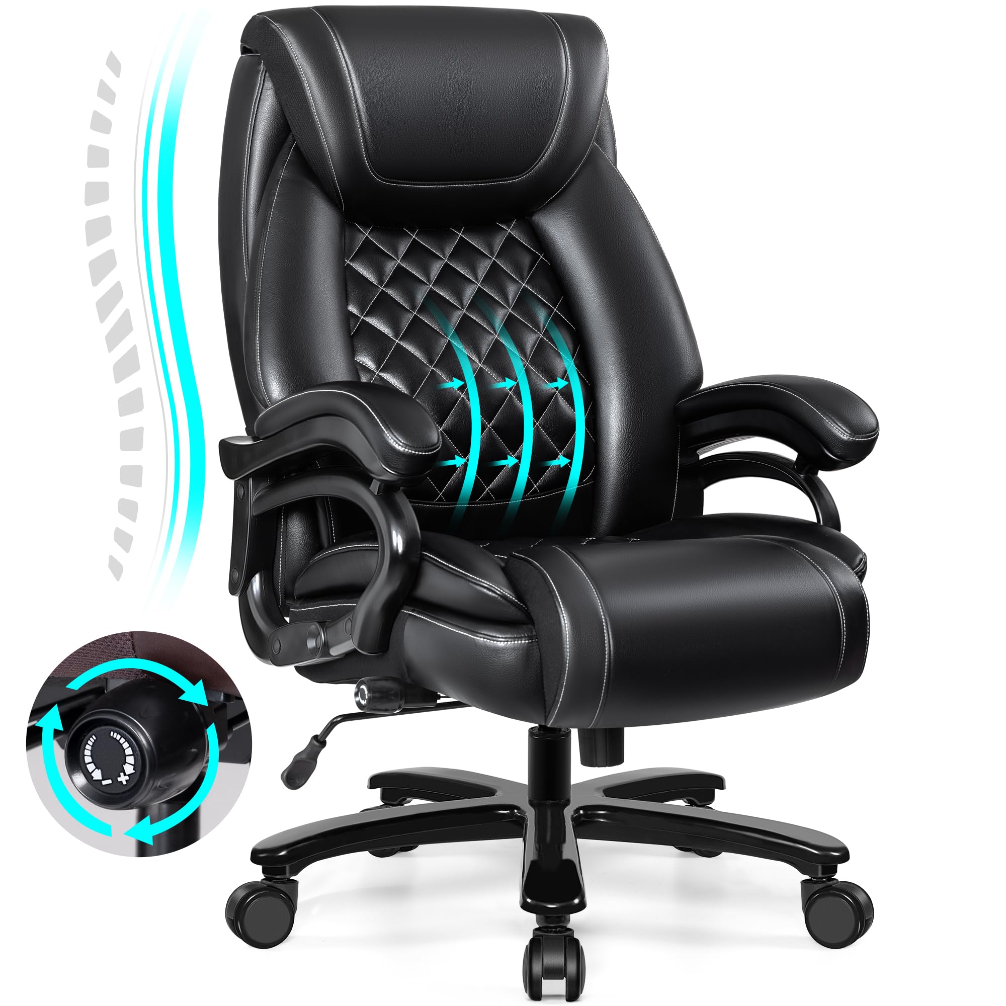 Big and Tall 500lbs Office Chair,Heavy Duty Large PU Leather Executive Desk Chair with Wide Seat, Adjustbale Ergonomic Lumbar Support High Back Rocking Computer Chair for Heavy People (Black)  Leather