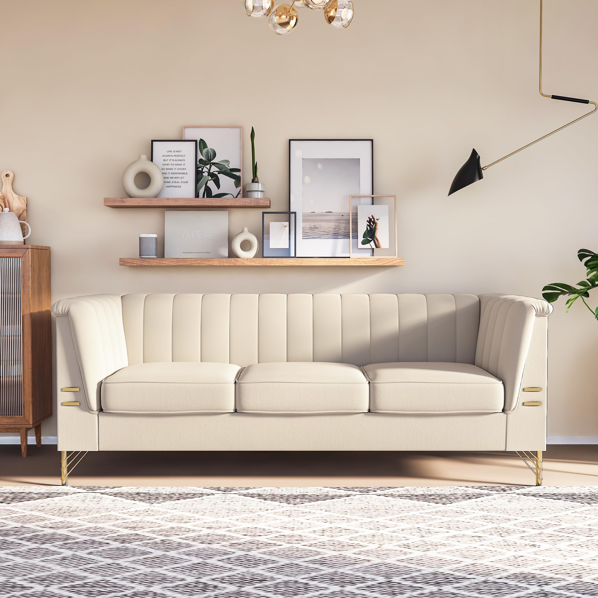 83 Chesterfield Velvet Sofa, Modern Velvet Tufted Upholstered Sofas Couches, Velvet Chesterfield Loveseat Sofa with Gold Legs, Mid-Century Modern Sofa for Living Room Bedroom Office, Beige