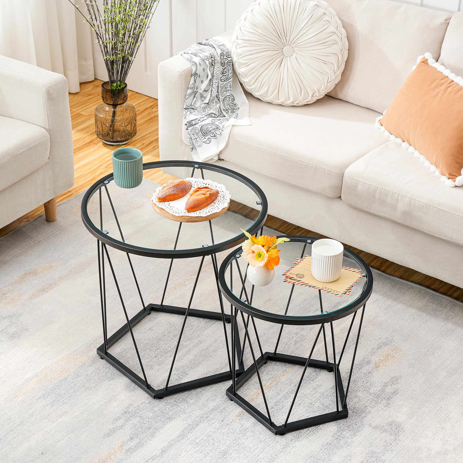 Small Coffee Tables Set of 2, Round Coffee End Tables with Metal Frame, Glass Top, Black Side Tables for Living Room, Bedroom and Balcony, Modern Style, Black BK79BZ01
