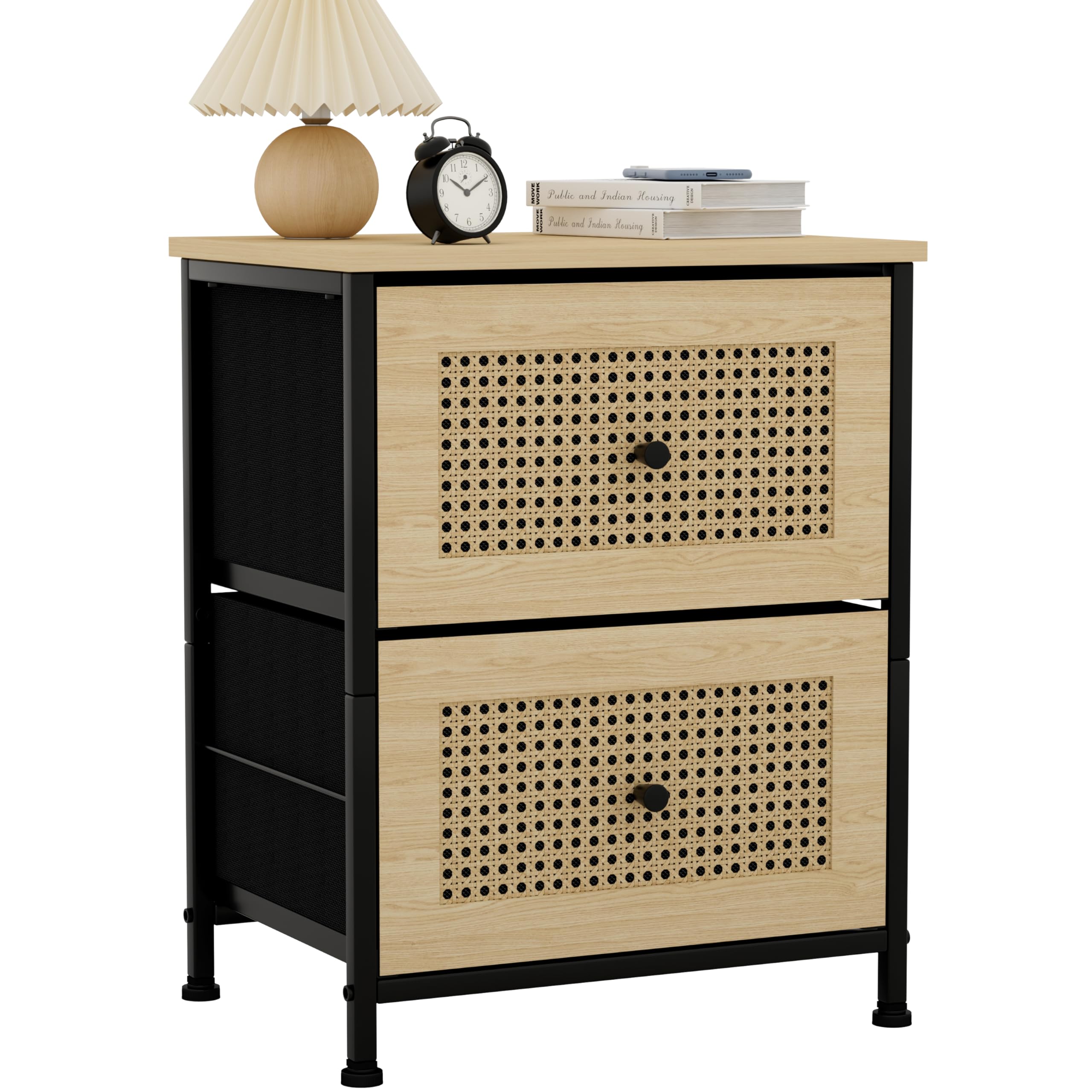 Rattan Nightstand with 2 Drawers, Boho End Table with Removable Fabric Bins, Modern Side Table, Rustic Bedside Table Wicker Small Dresser for Bedroom, Dorm, Closet, Hallway