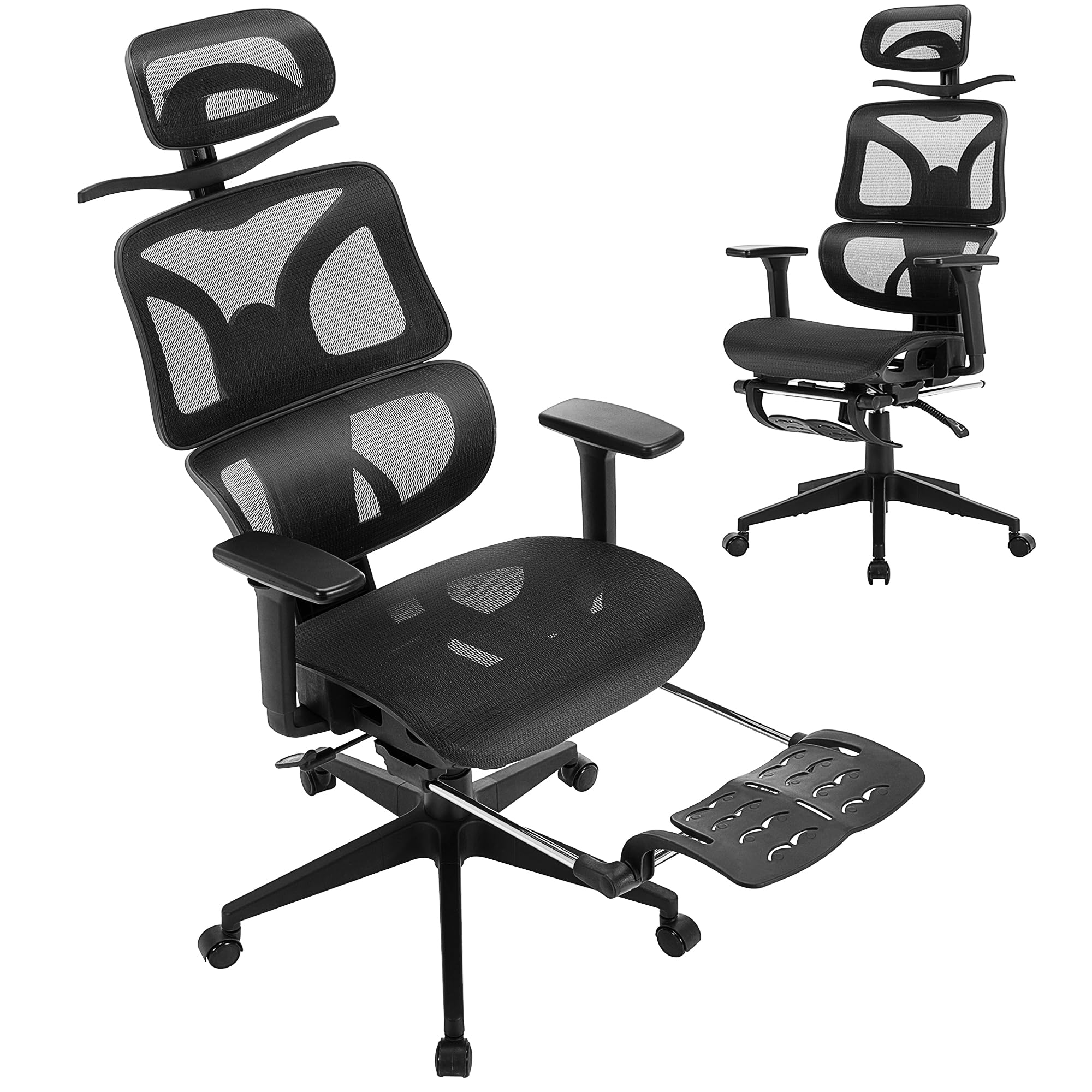 VECELO Swivel Ergonomic High Back Mesh Office Chair with Retractable Footrest, Adjustable Backrest, Tilt Function, 3D Armrests & Headrest, Lumbar Support for Executive/Computer Desk/Task Work, Black  Mesh