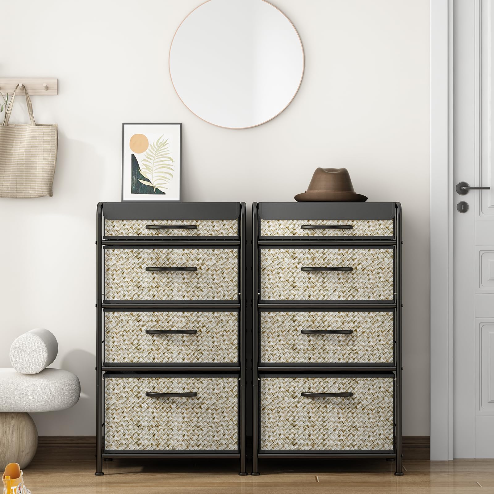 Wisdom Star Dresser with 4 Drawers, Fabric Dresser for Bedroom, Storage Tower with Fabric Bins, Small Dresser Chest of Dresser with Sturdy Steel Frame Organizer Storage Rack