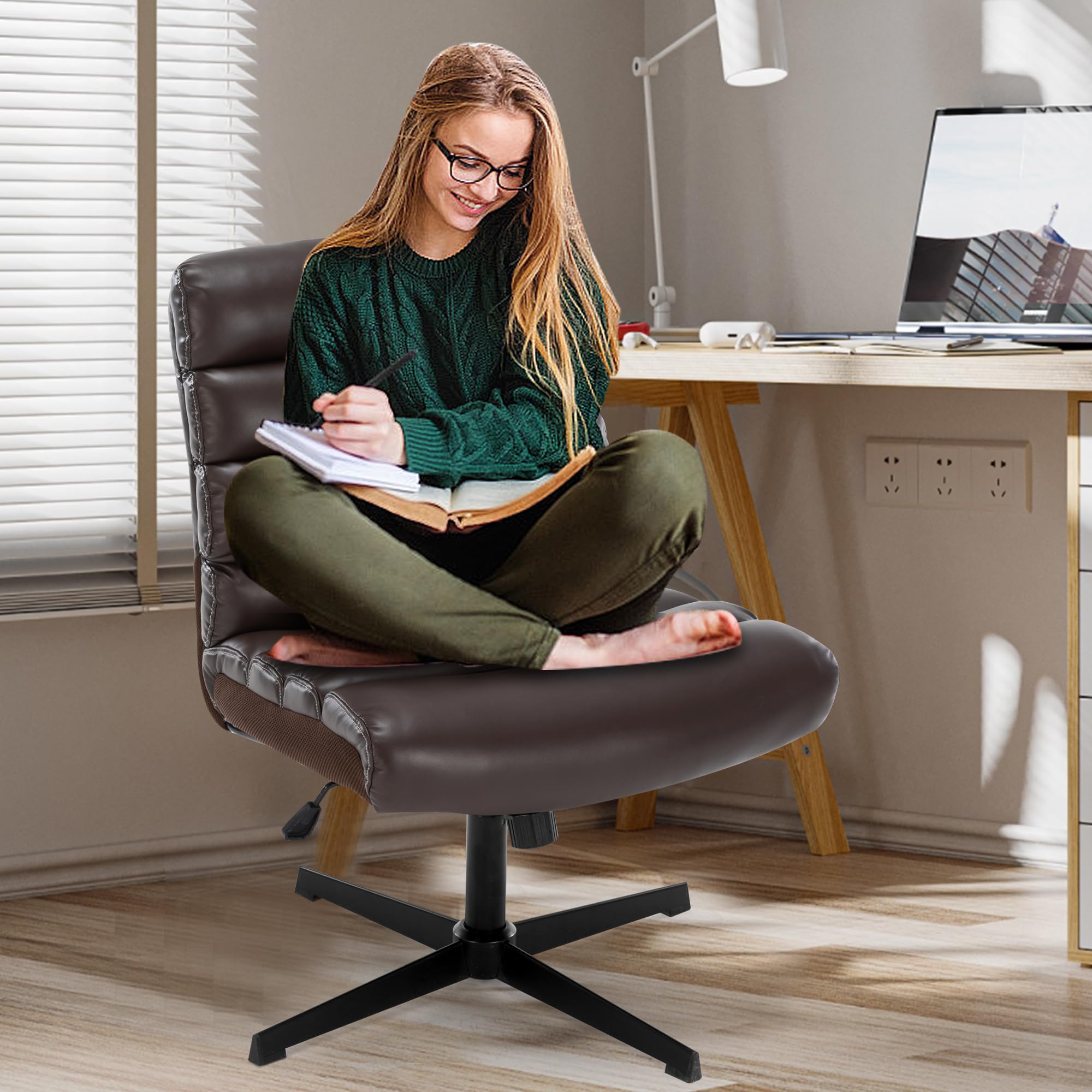 Criss Cross Chair Cross Legged Office Chair PU Leather Office Chair Armless Desk Chair No Wheels Modern Office Chair Computer Chair, Brown  Faux Leather