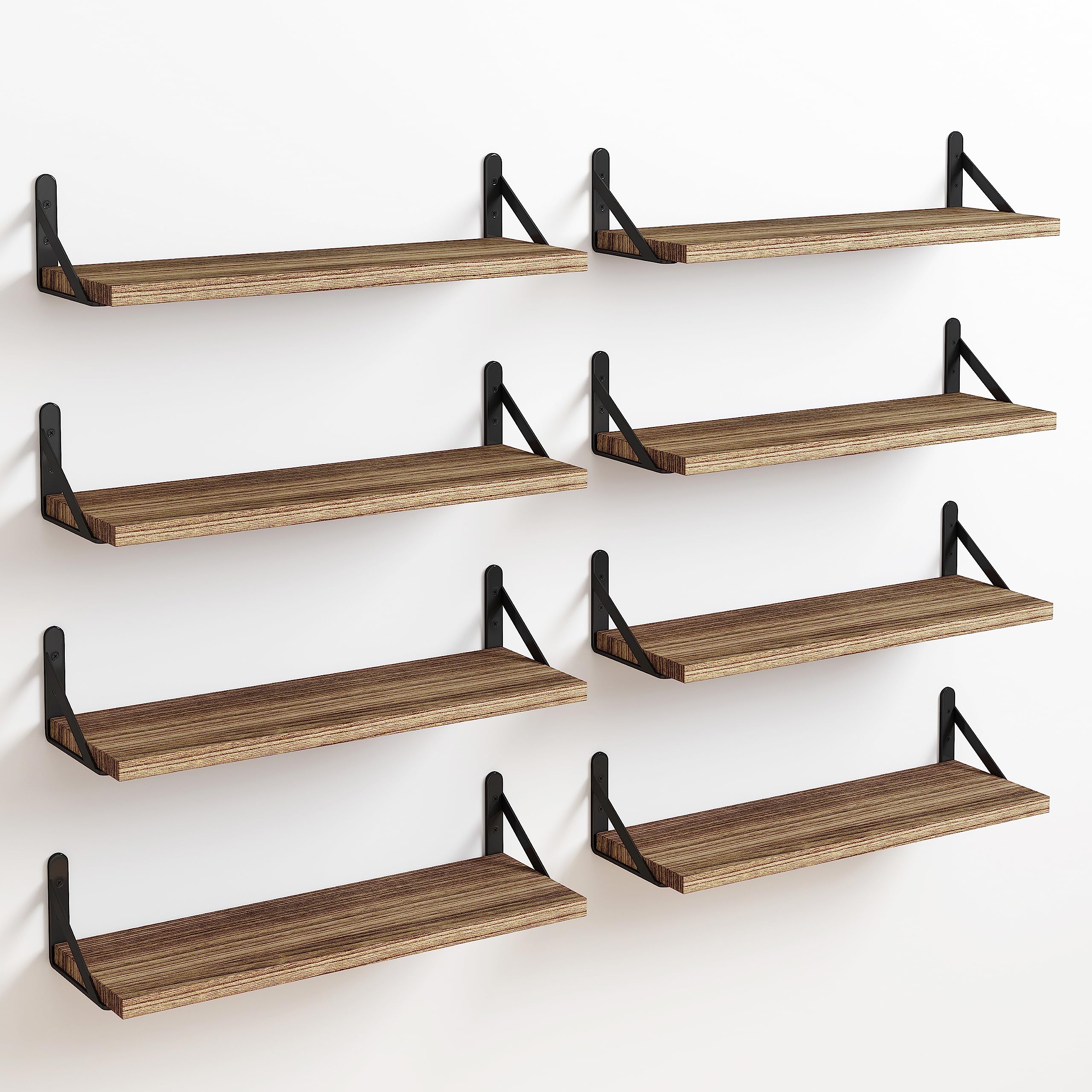 Fixwal Floating Shelves Wall Shelves Width 4.7in Rustic Wood Set of 8, Wall Storage Shelves for Bedroom, Living Room, Kitchen, Bathroom, Office and Plants (Carbonized Black)