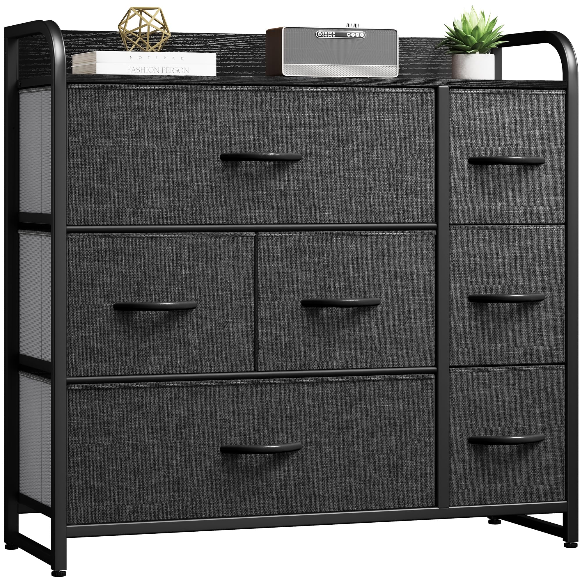 DWVO 7 Drawers Dresser, Organizer Unit for Bedroom, Fabric Dresser Storage Tower for Hallway, Entryway, Closets, Sturdy Steel Frame, Wooden Top