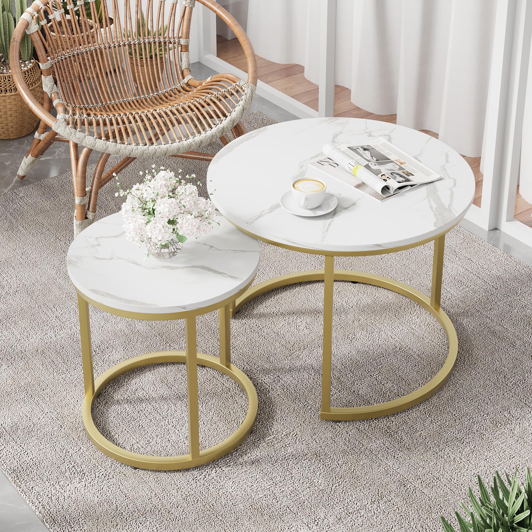 Semiocthome Round Nesting Coffee Table, White and Gold Nesting Tables for Living Room Set of 2 End Tables Wood Surface Top Sturdy Metal Leg Balcony Side Sofa Table for Modern Home Furniture