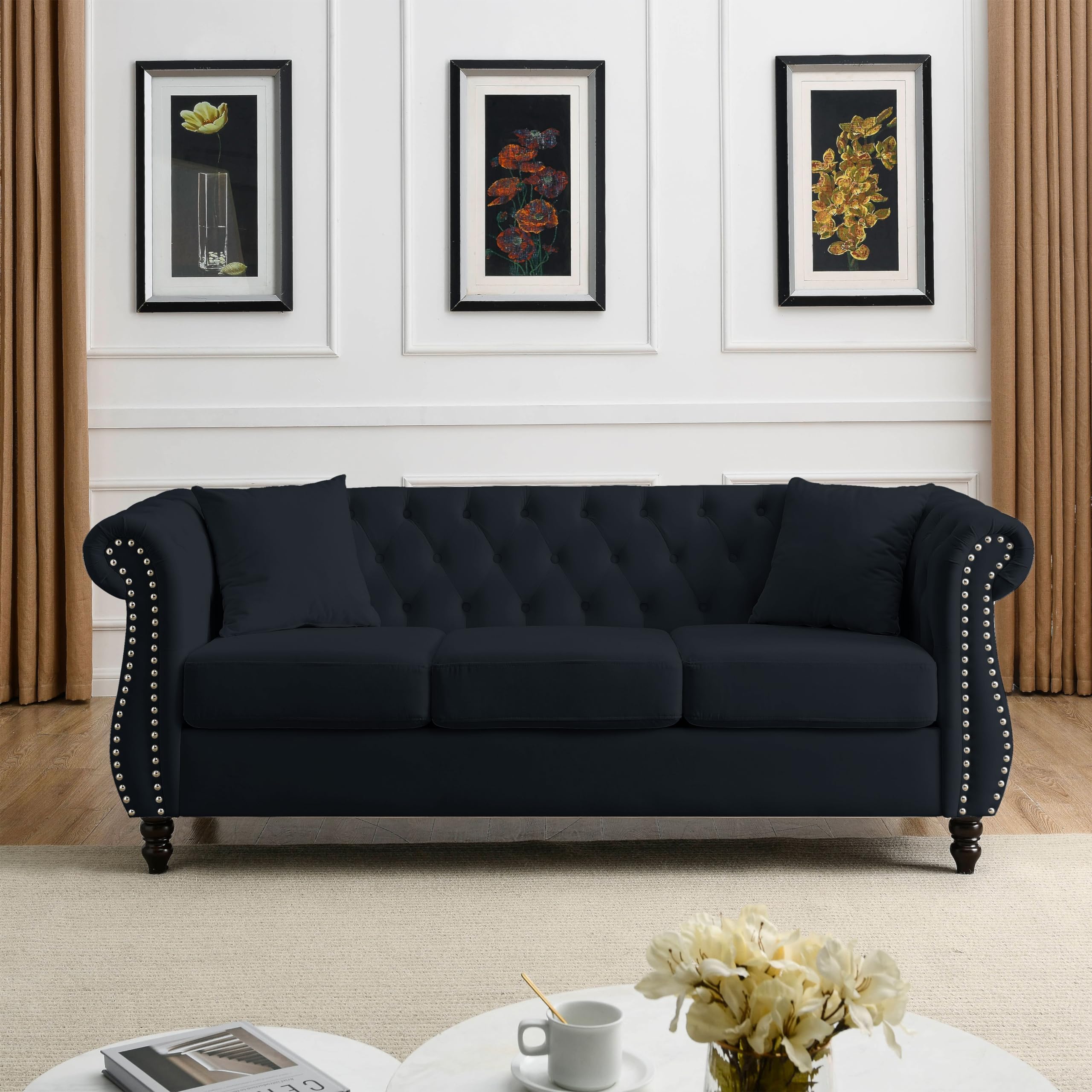 80 Chesterfield Sofa Velvet Couch, Button Tufted with Rolled Arms and Nailhead Trim Brown Wooden Legs, for Living Room and Office – 3-Seater Comfort Elegant 3 Seat-Black
