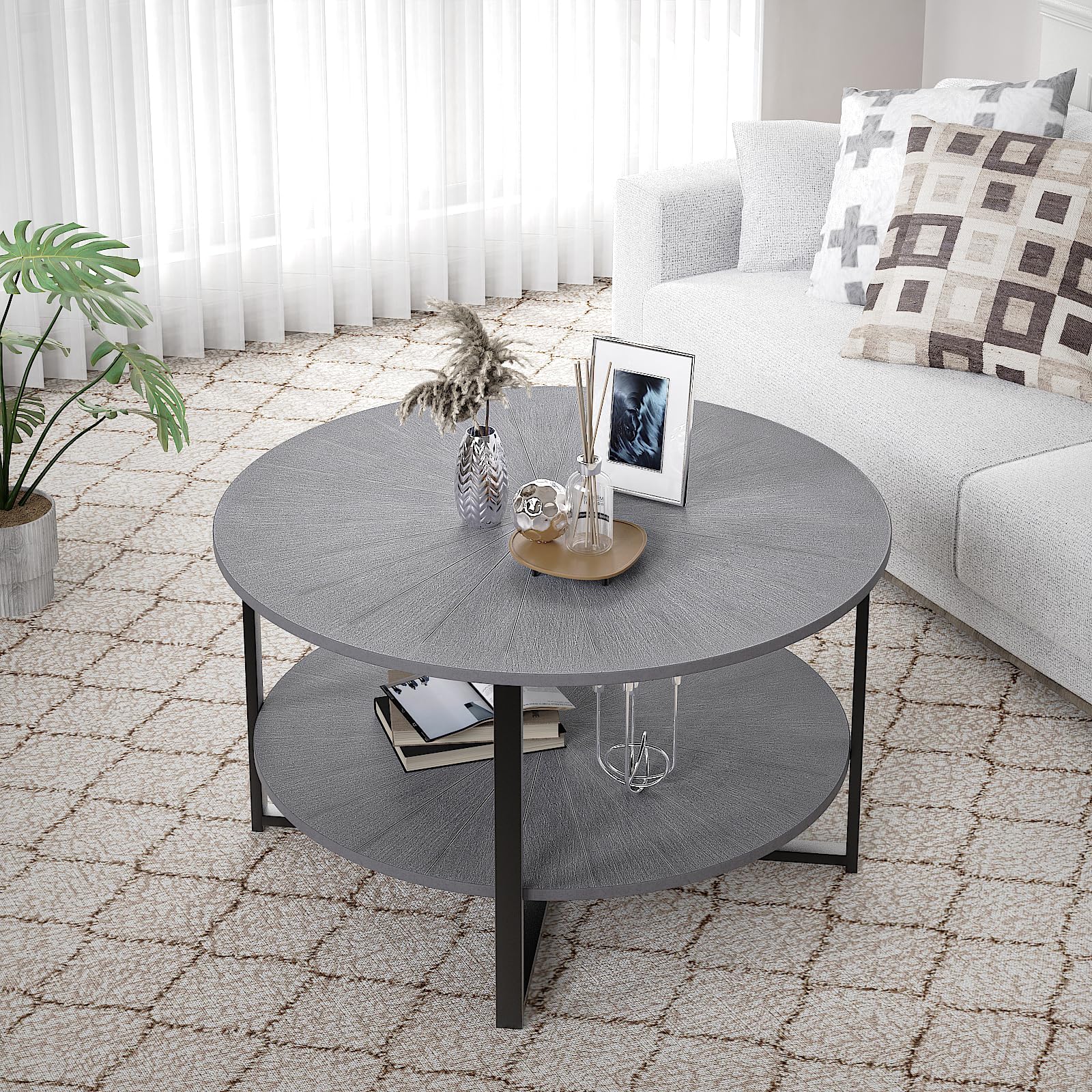 Round Wood Coffee Table, Coffee Table with Storage Open Shelf, 31.49 inch 2 Tier Solid Wood Veneer Circle Coffee Table for Living Room (Grey)