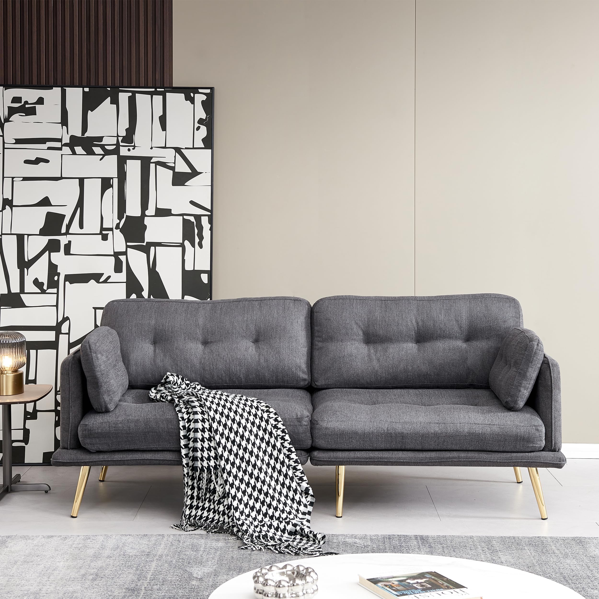 3-Seater Sofa 78.7 Inch 3 Seat Couch with Cushion Back Matching Throw Pillow Gold Tapered Leg for Living Room Home Office Slim Arm Mid Century Modern Dark Grey