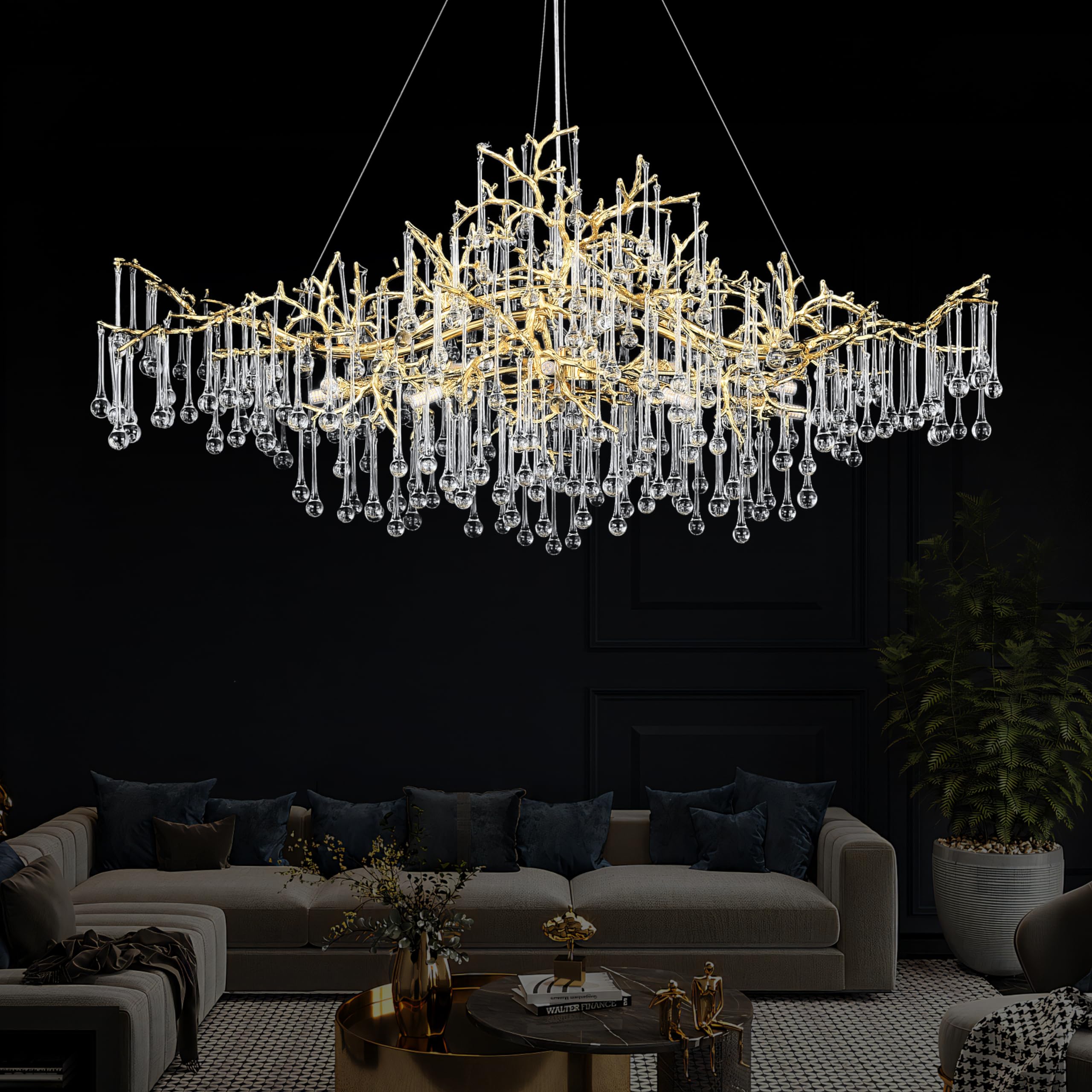 Modern Crystal Chandelier for Dining Room - 47.2&quot; Gold Tree Branch Chandelier Luxury Raindrop Chandelier Large Rectangle Kitchen Island Lights Fixtures Pendant for Foyer, High Ceiling