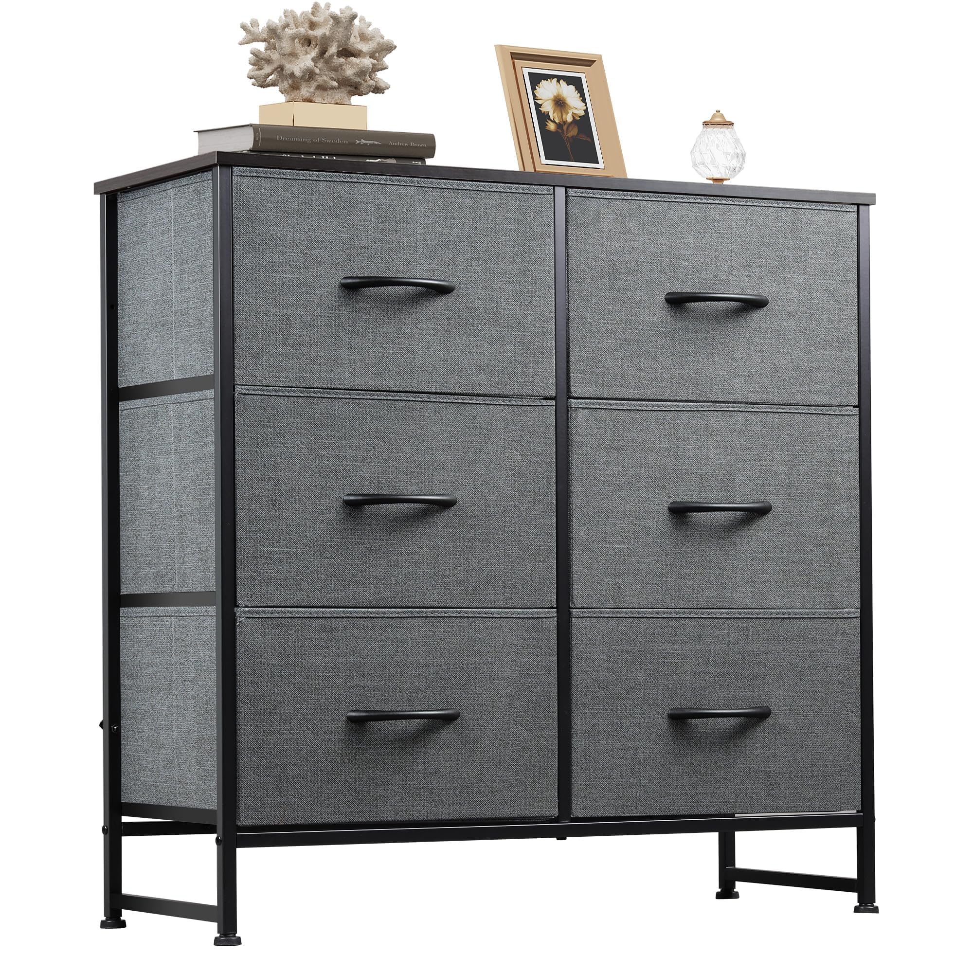 WLIVE Fabric Dresser for Bedroom, 6 Drawer Double Dresser, Storage Tower with Fabric Bins, Chest of Drawers for Closet, Living Room, Hallway, Dark Grey